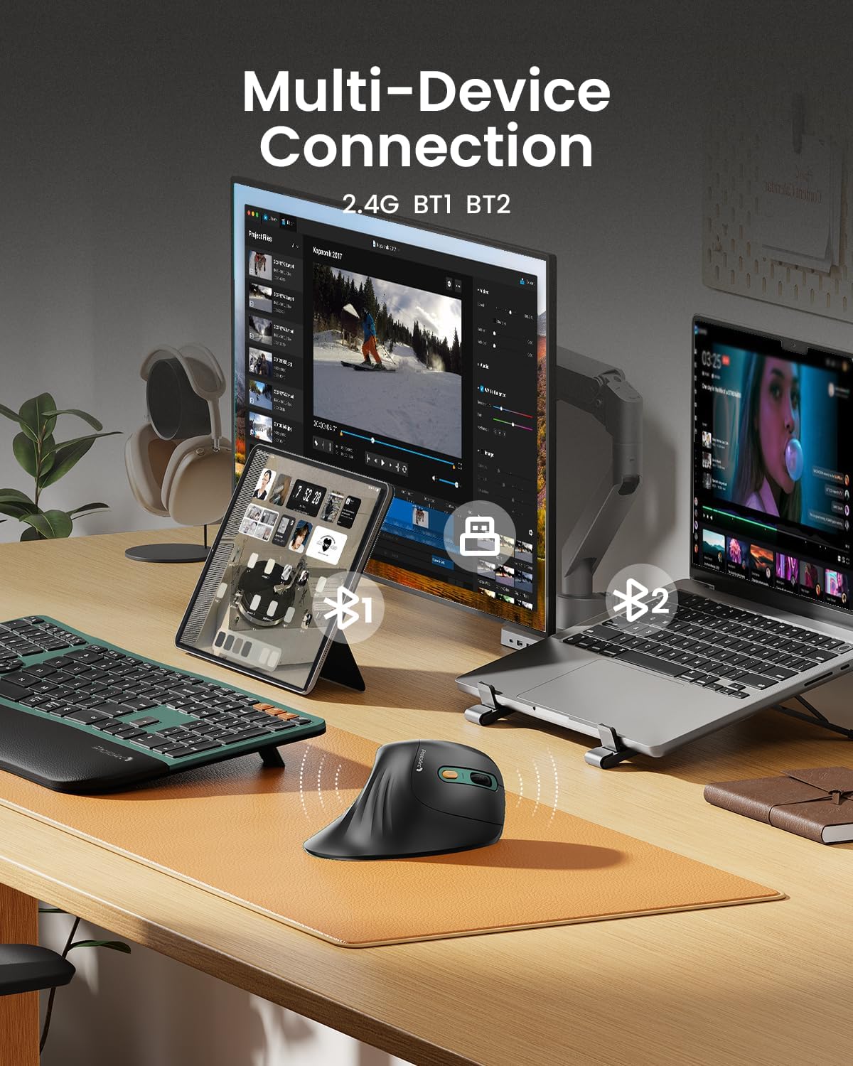 ProtoArc Ergonomic Vertical Mouse, EM11 NL Rechargeable Wireless Mouse Bluetooth, Ergo Mice with 3 Multi-Device for PC/Notebook/Laptop, 2.4GHz Optical Mice for Windows, Mac OS, Green