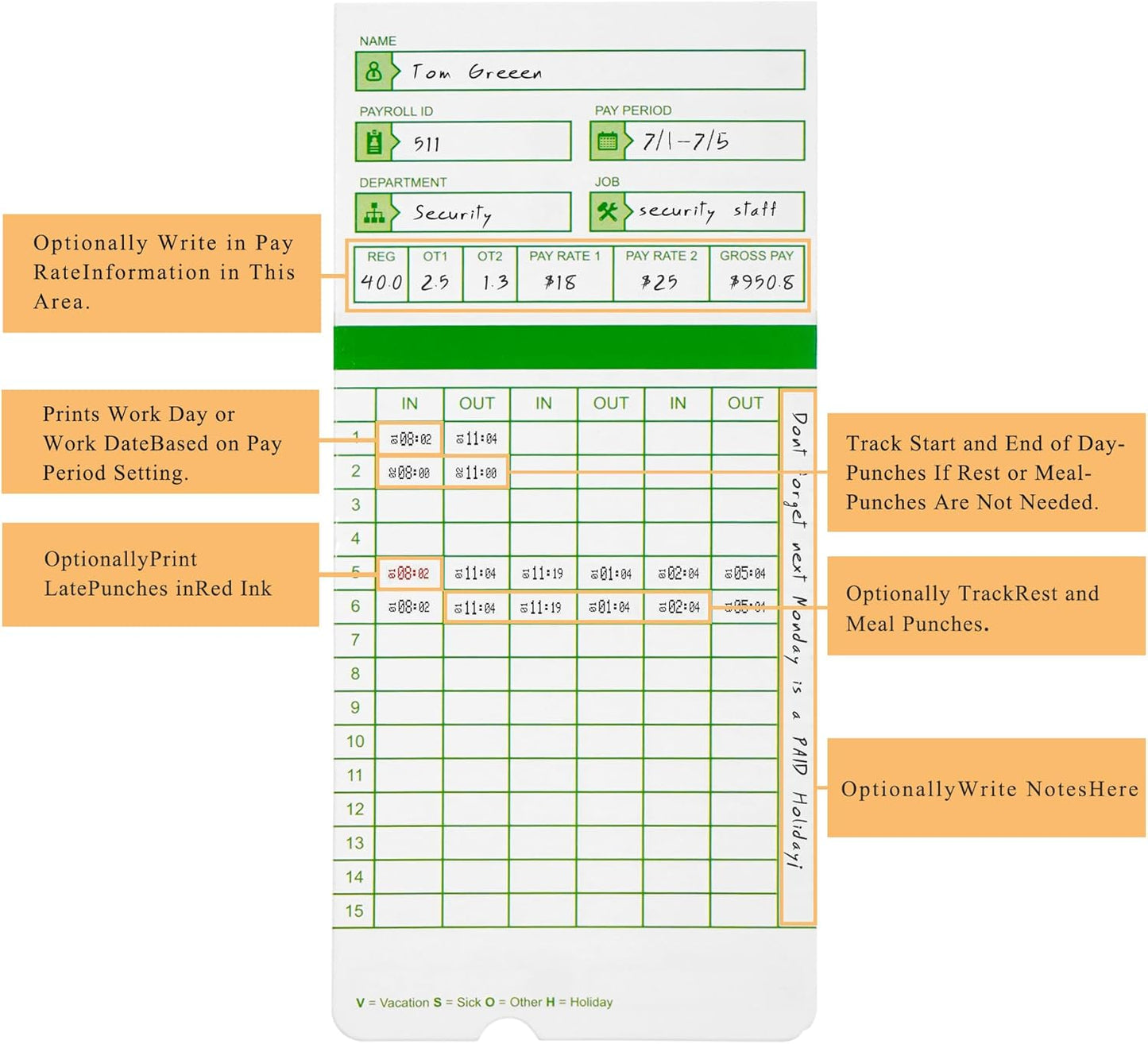 Zzrywuty All Pay Periods, 300 Count Time Cards for Hn3000, 2-Sided, 3 3/8" x 7 3/8", Green