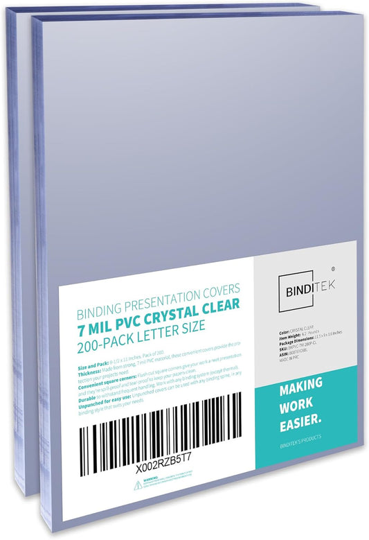 Binditek 200 Pack 7 Mil Clear Presentation Covers for Binding, 8.5 x 11 Inches, Letter Size, Square Corners, Un-Punched, Office Supplies