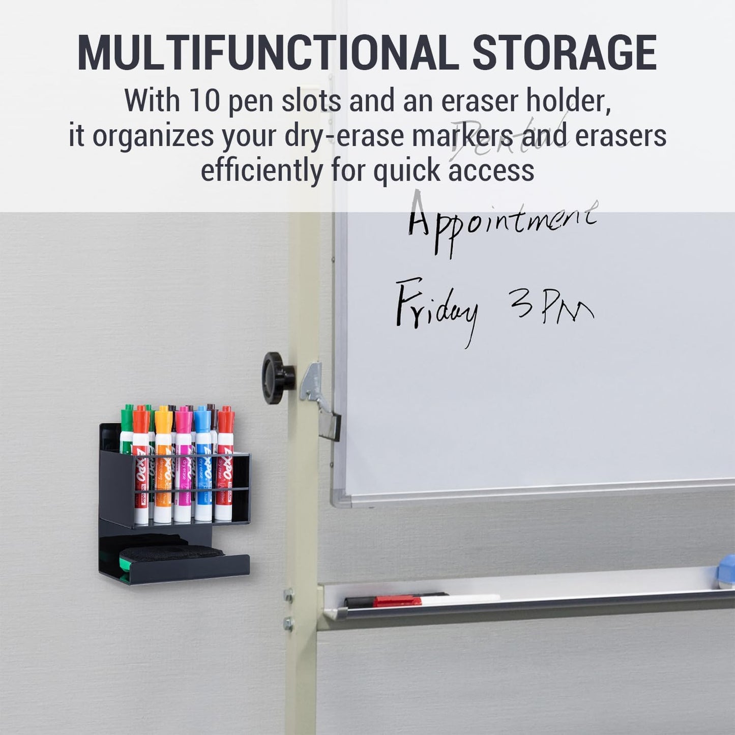 MyGift Wall Mounted Dry Erase Whiteboard Marker Holder Stand with 10 Marker Slots and Eraser Holder, Black Set of 2