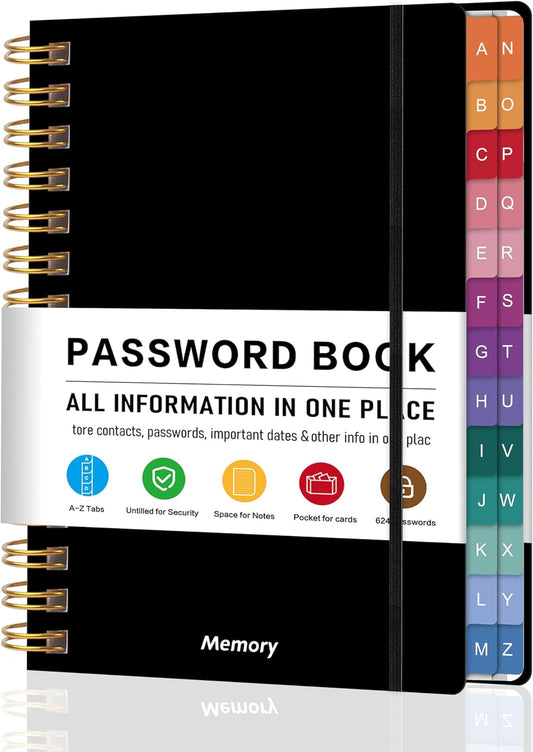 Spiral Password Book with Alphabetical Tabs – 4" X 5.5" Small Password Keeper Book with Inner Pocket for Seniors , Large Print, Hardcover, 468 Logins – Internet Password Organizer Notebook for Home & Office Use