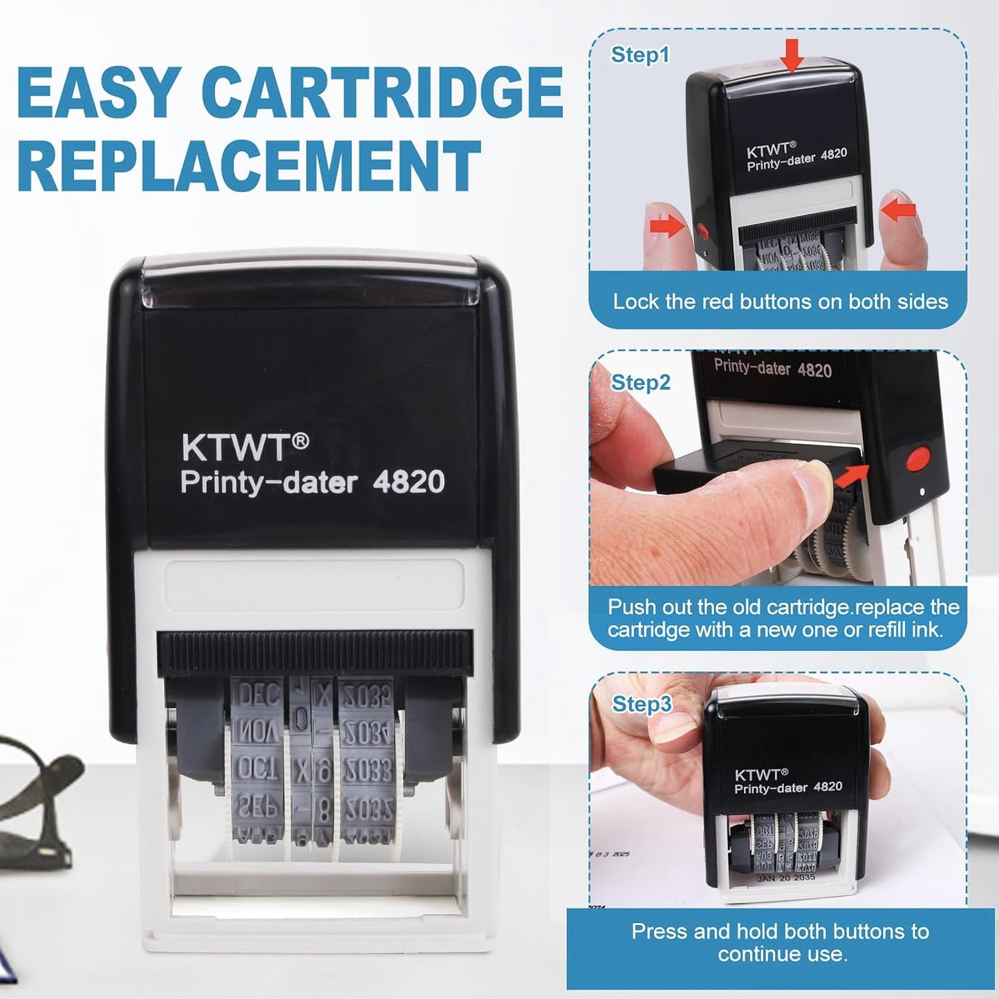KTWT Self Inking Date Stamp Printy 4820 - Black Ink, Months in Letters, Characters 4mm, Imprint Black, Great for Shipping, Receiving, Expiration and Due Dates