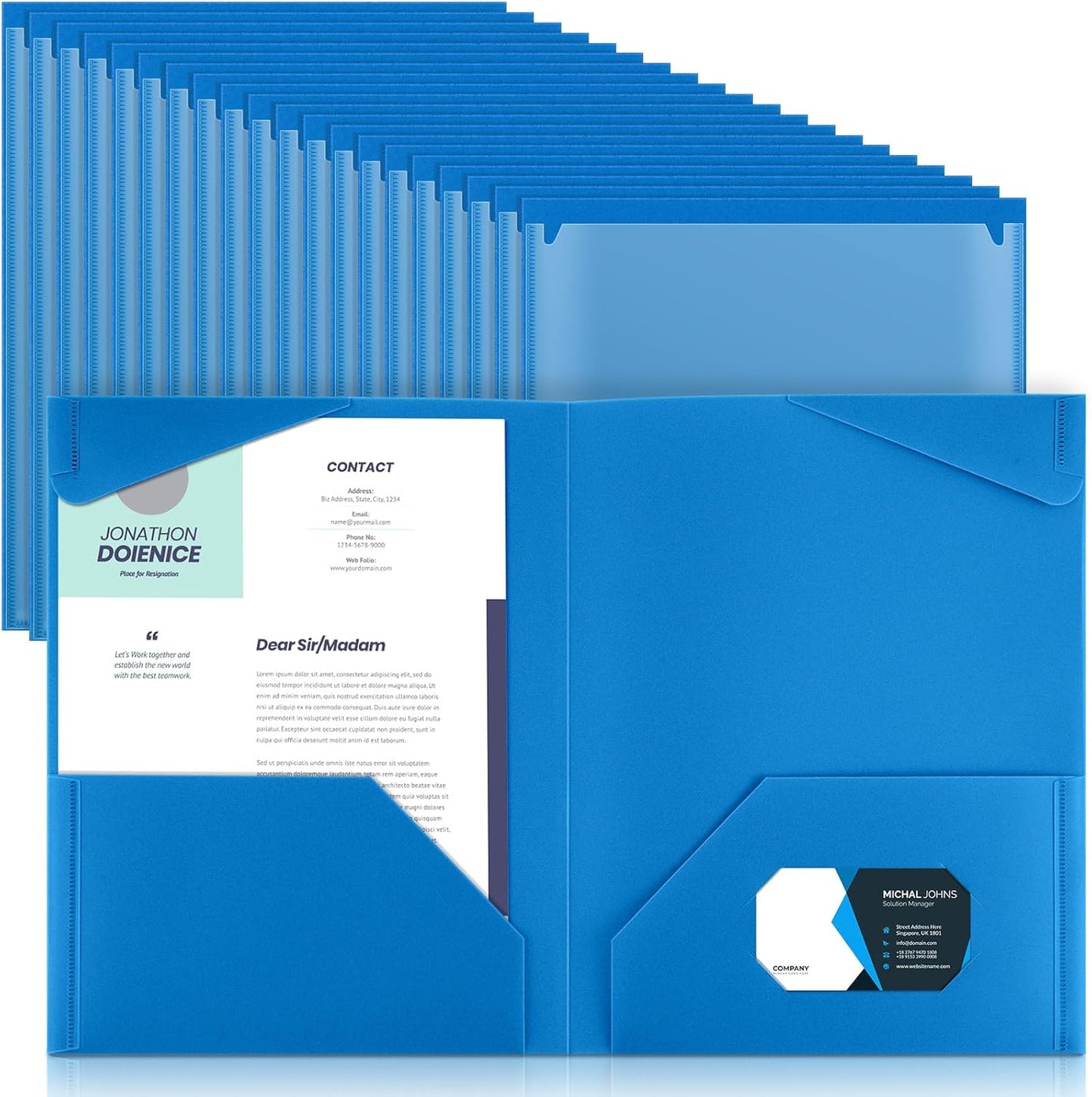 Henoyso 60 Pcs Plastic Folders with Clear Front Pockets Heavy Duty File Folders with 2 Pockets and Card Slot for Student Communication School Office Presentation Report (Blue)