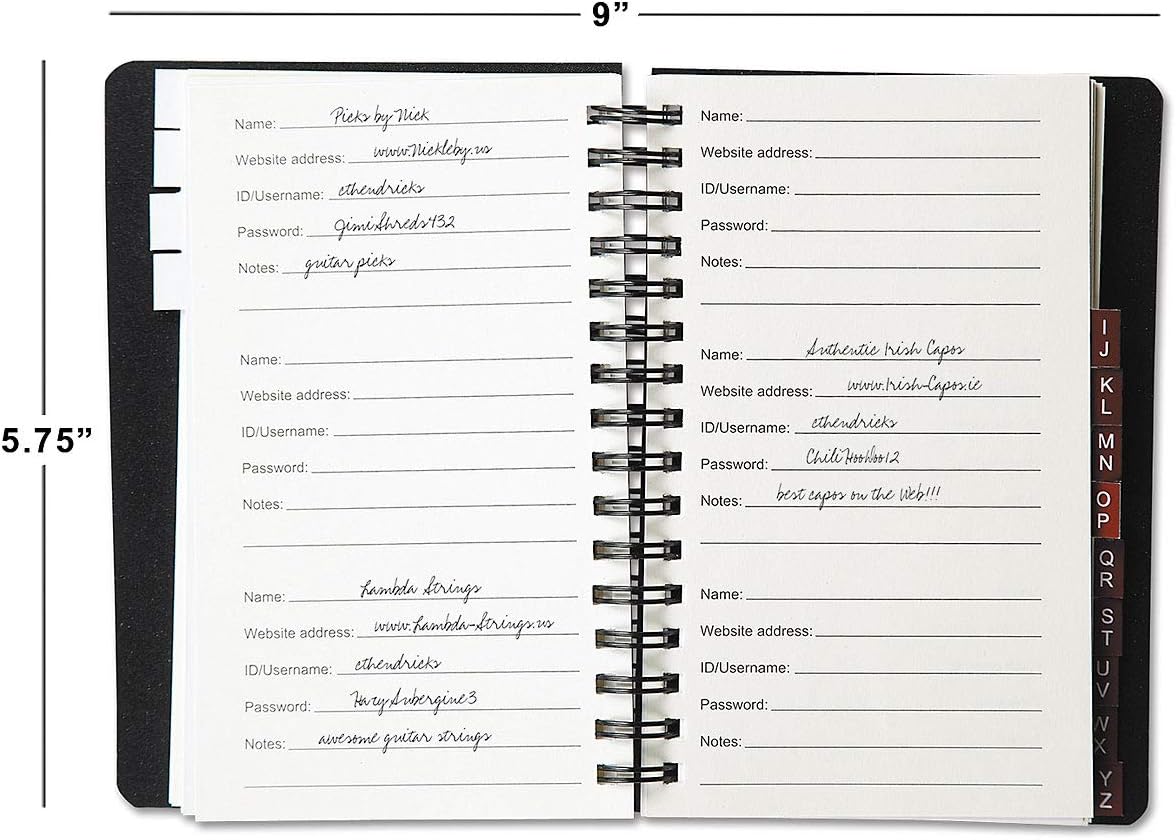 Current Black Password & PIN Keeper Book, 65 Pages, 4.5” x 5 ¾” Size Spiral Bound, Alphabetical Tabs, Plastic Cover Internet Organizer for Offline Website, Login, & Username Storage