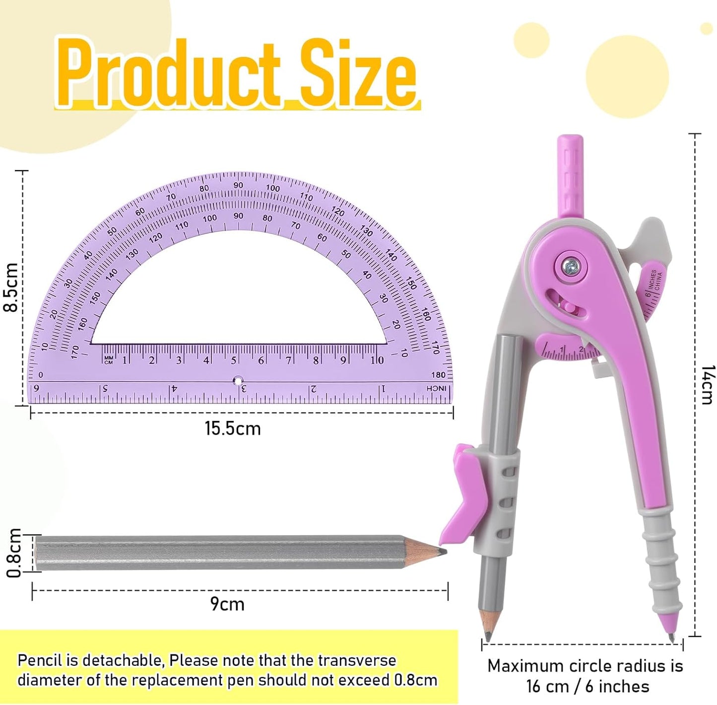 Chengu 6 Set Compass and Protractor Set, Multicolor Compass Geometry Tool 6 Inch 180 Degree Translucent Protractors for Geometry, Math Graphing Drawing Tools for Office and School Supplies