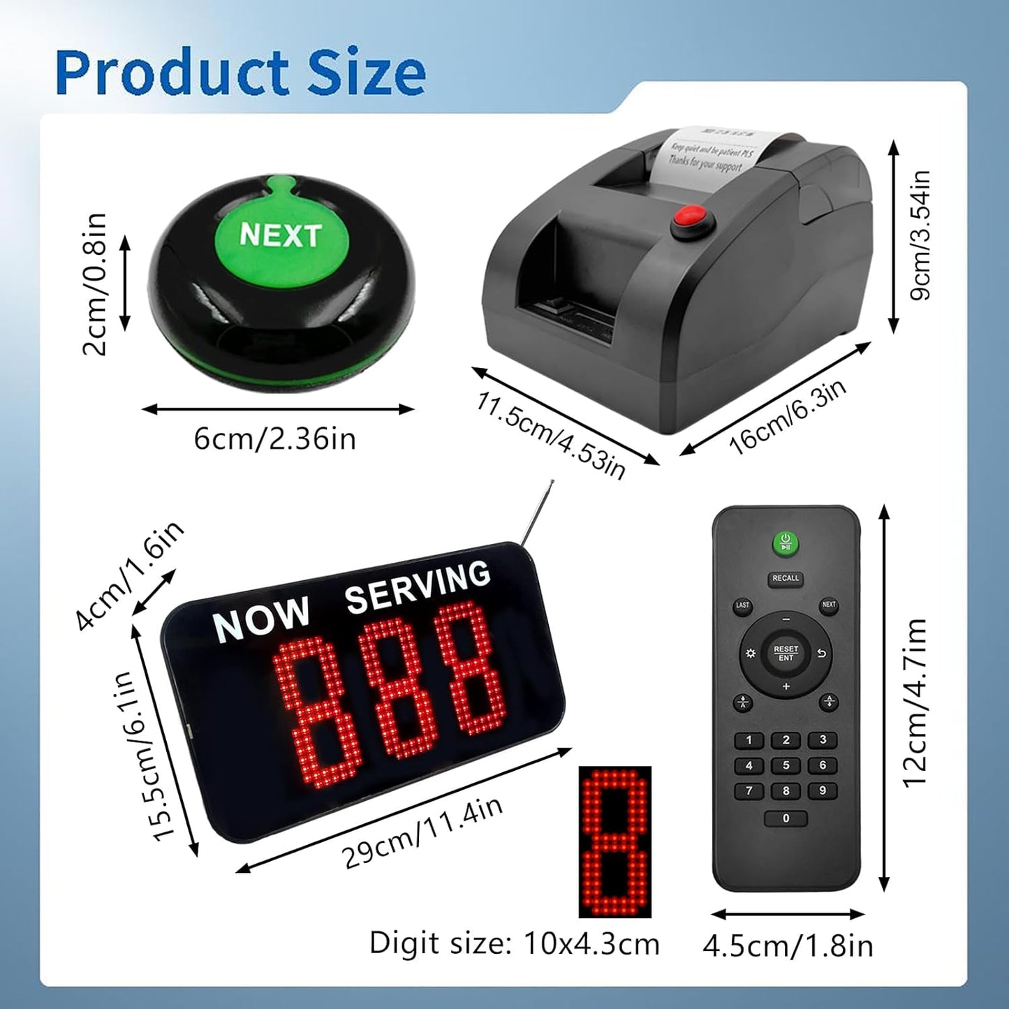 Take a Number System Electronic Queue Calling System with 1 Now Serving Number Display 3 Next Call Button 1 Ticket Dispenser Printer 57mm Thermal Receipt Rolls 1 Remote Control for Office Window