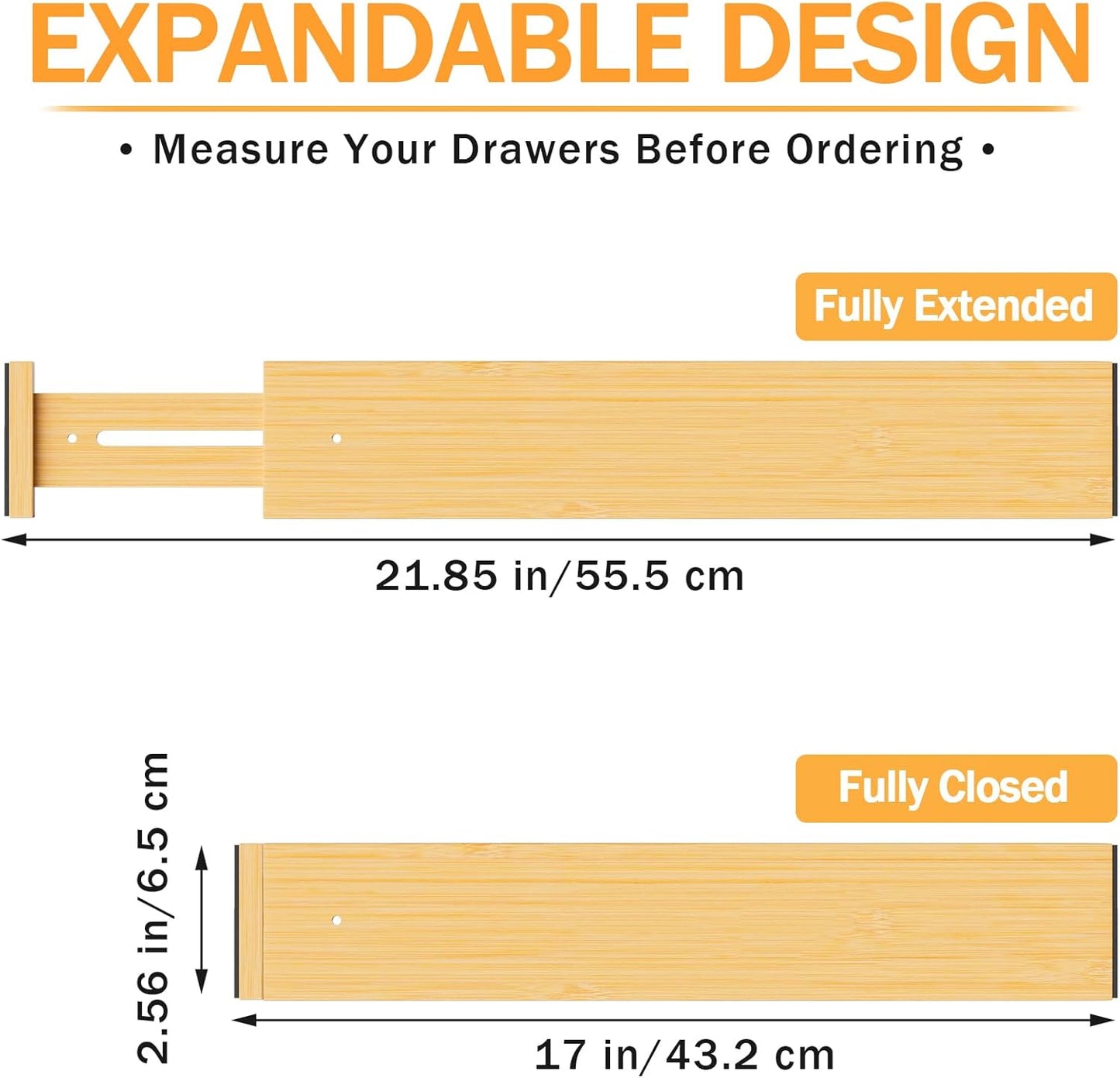 BAMBUROBA Bamboo Drawer Dividers, Adjustable Kitchen Drawer Organizer for Clothes,17-22" Expandable Drawer Organization Separators for Bedroom,Bathroom,Dresser and Office,6-Pack