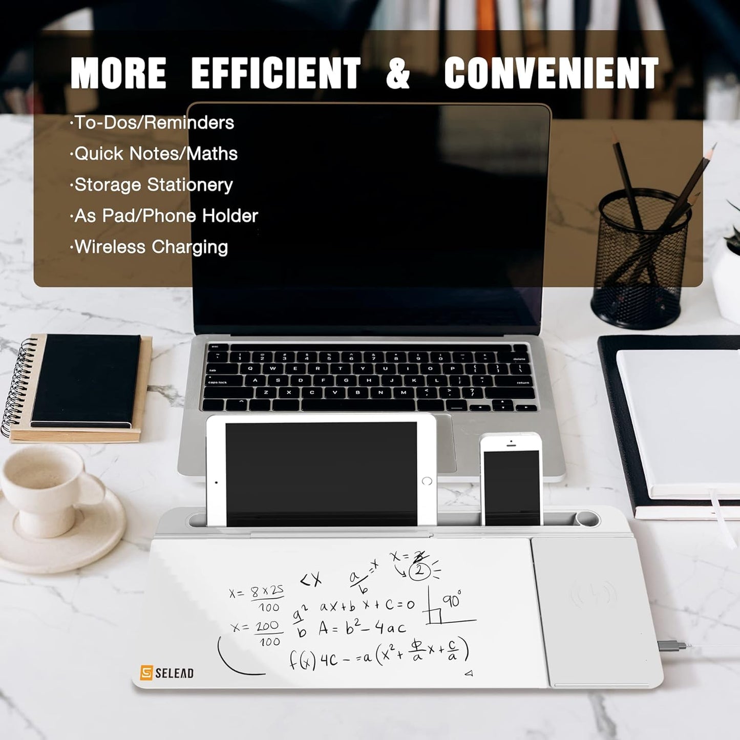 SELEAD Desktop Glass Whiteboard with Wireless Charger Station, Dry Erase Board Computer Pad Keyboard Stand with Organizer Drawer for Home, School, Office Desk Accessories, White