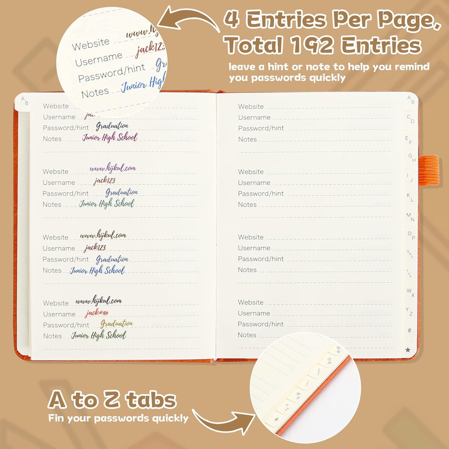 DAOFARY Password Book with Alphabetical Tabs - Small Password Keeper Book (5.6 * 4.3 in) with Inner Pocket, Hardcover Password Keeper Notebook for Log Internet Website Information (Dark Brown)