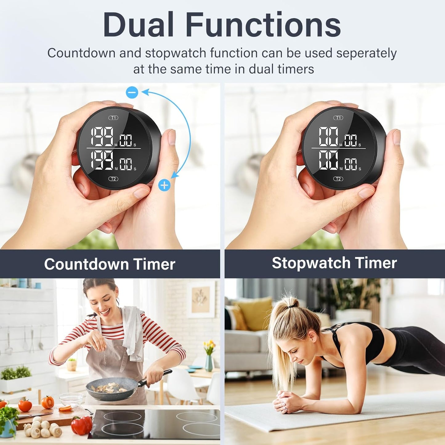 Dual Digital Kitchen Timer for Cooking, 199 Minutes Countdown & Stopwatch, Productivity Timer for Fridge, Big Digits, High-Definition Display, Rotary Adjustment, 3 Volumes, 2 Brightness Levels, Black