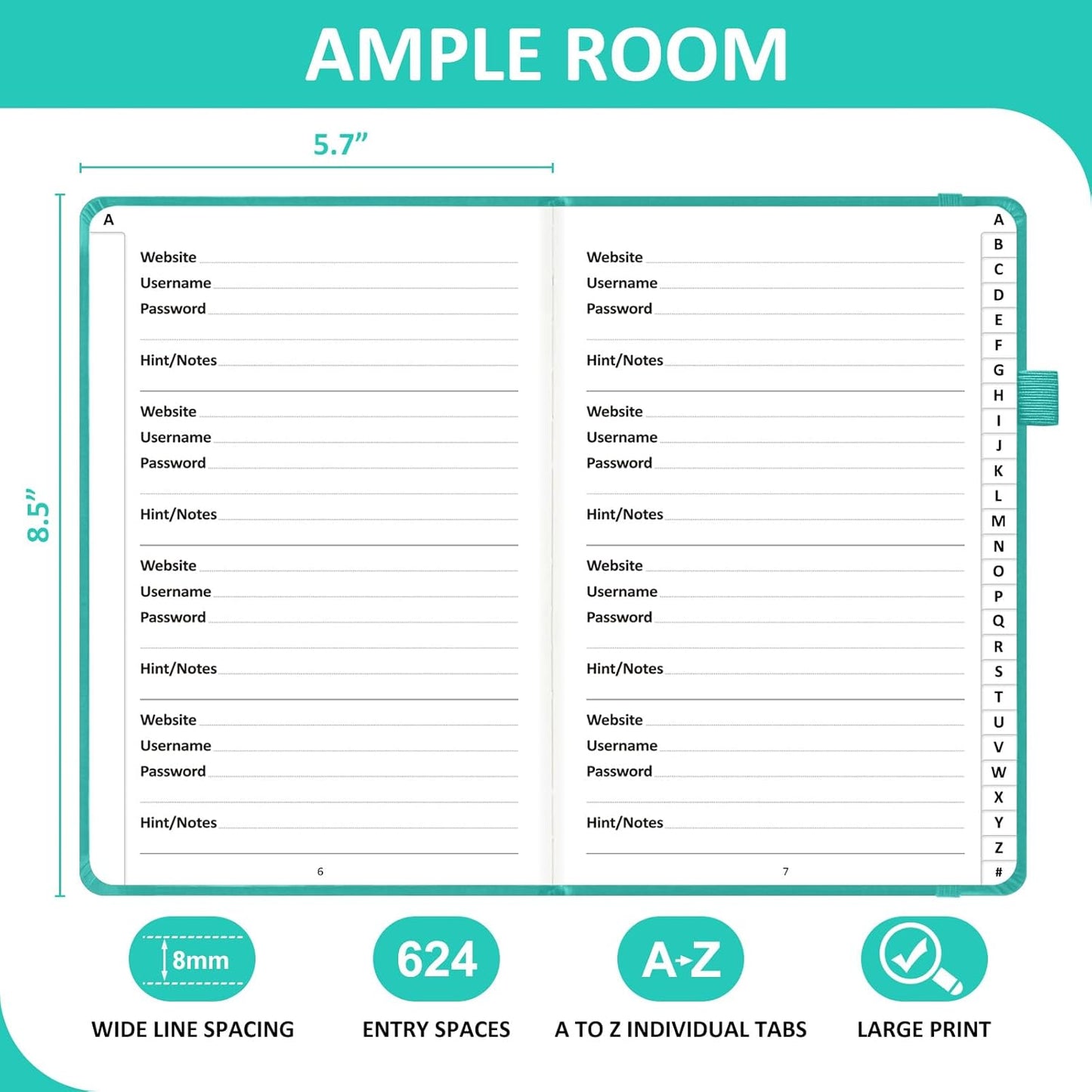 Password Book with Individual Alphabetical Tabs Laminated, Large Print Password Keeper Book for Seniors, A5 Hardcover Internet Password Log Book to Record Website Login Details - Aquamarine
