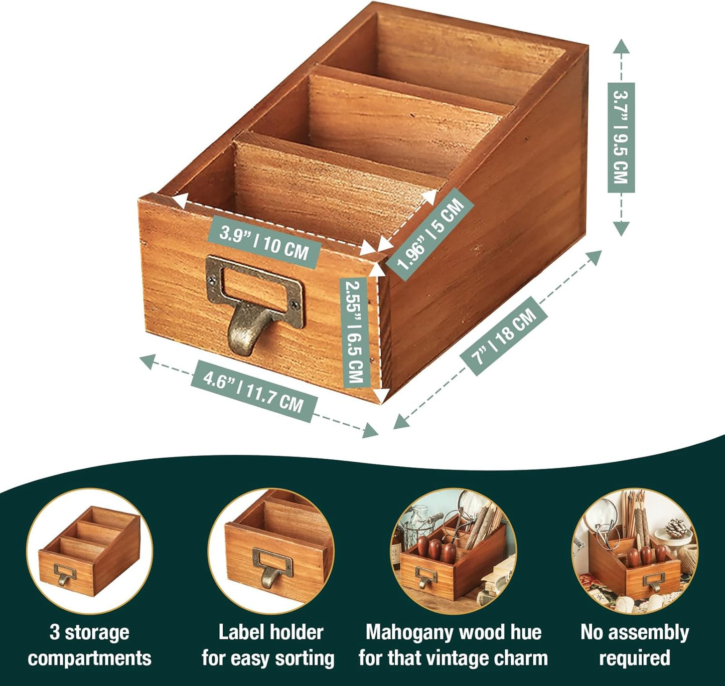 3-Slot Wooden Desk Organizer - Card Catalog Drawer Style Storage Box for Stationery & Office Supplies - Remote Caddy, Phone Stand, or Pencil Holder for Desk - Cubicle Accessories (4-Pack)
