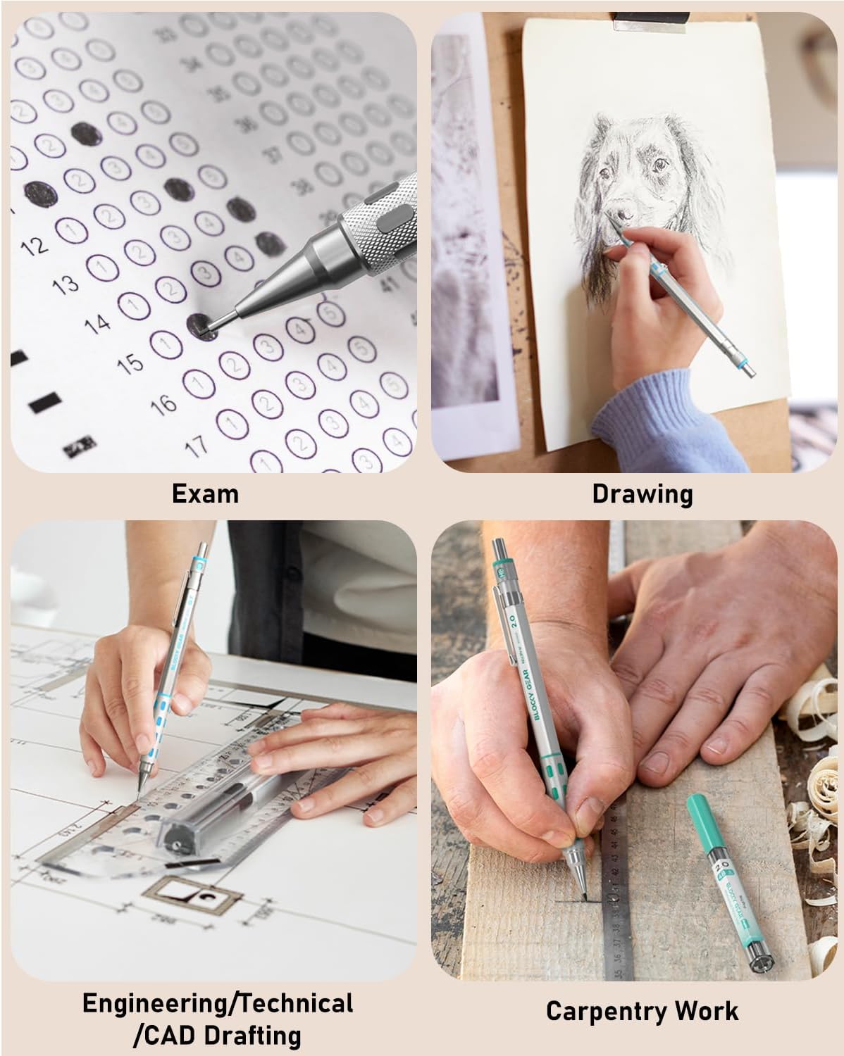 Nicpro Blocky Gear Art Mechanical Pencil Set with Case, 36PCS Metal Mechanical Pencils 0.5, 0.7, 0.9mm & 2mm Lead Holder for Drawing Sketching with 20 Tubes (6B 4B 2B HB 2H 4H Colors) Lead Refills