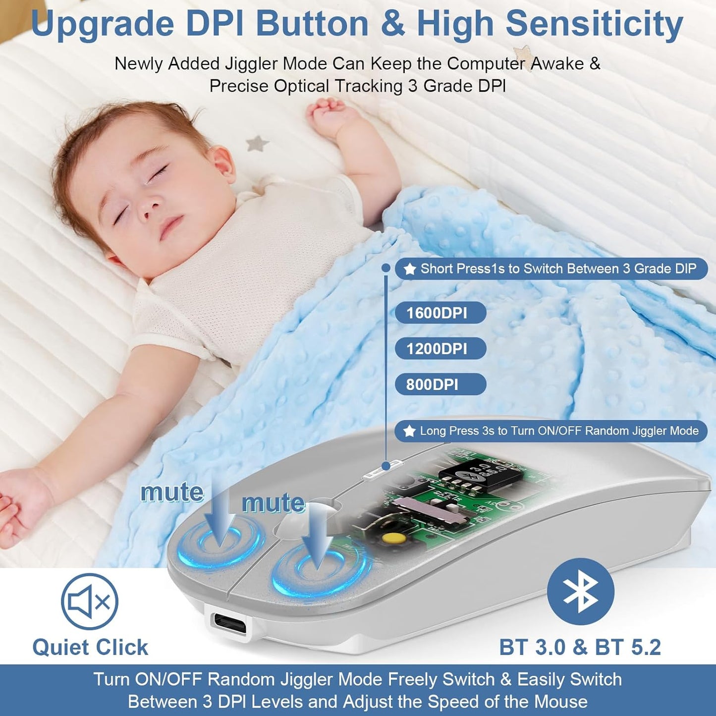 Mouse for Laptop Wireless Bluetooth - MacBook Air Mac Pro PC iPad Optical Rechargeable Silent Mouse with Jiggler Dual Mode Switch Bluetooth 5.2/3.0 and 2.4GHz USB-A and Type-C Receiver Gray