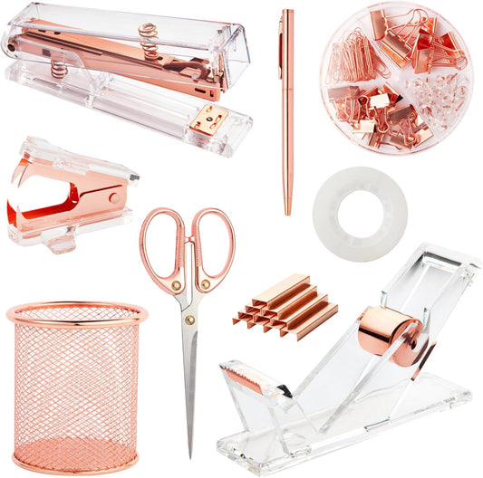 Rose Gold Desk Accessories, Office Supplies Set with Acrylic Stapler, Tape Dispenser, Staple Remover, Pen Holder, Scissor, Binder Paper Clips, 1 Ballpoint Pen, 1 Clear Tape and 1000pcs Staples