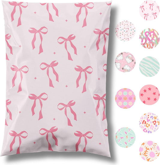 10x13 Designer Poly Mailer 100 Pack Heavy Duty Waterproof Self Seal Shipping Bags for Small Business Large Mailing Envelopes Bulk Tear Resistant Packaging Pink Bows Coquette