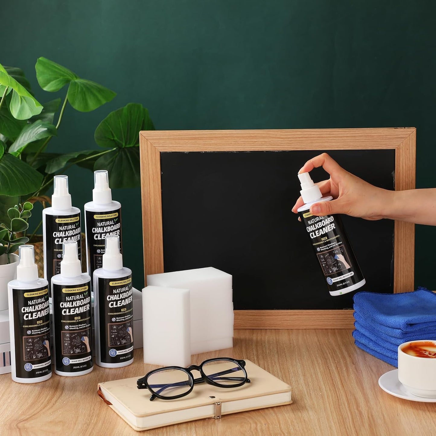 6 Sets Chalkboard Cleaner Spray and Eraser Kit 8oz Dry Erase Board Cleaner Spray Microfiber Cleaning Cloths with Sponge Erasers Liquid Chalk Markers for Whiteboard Blackboard Dry Erase Board