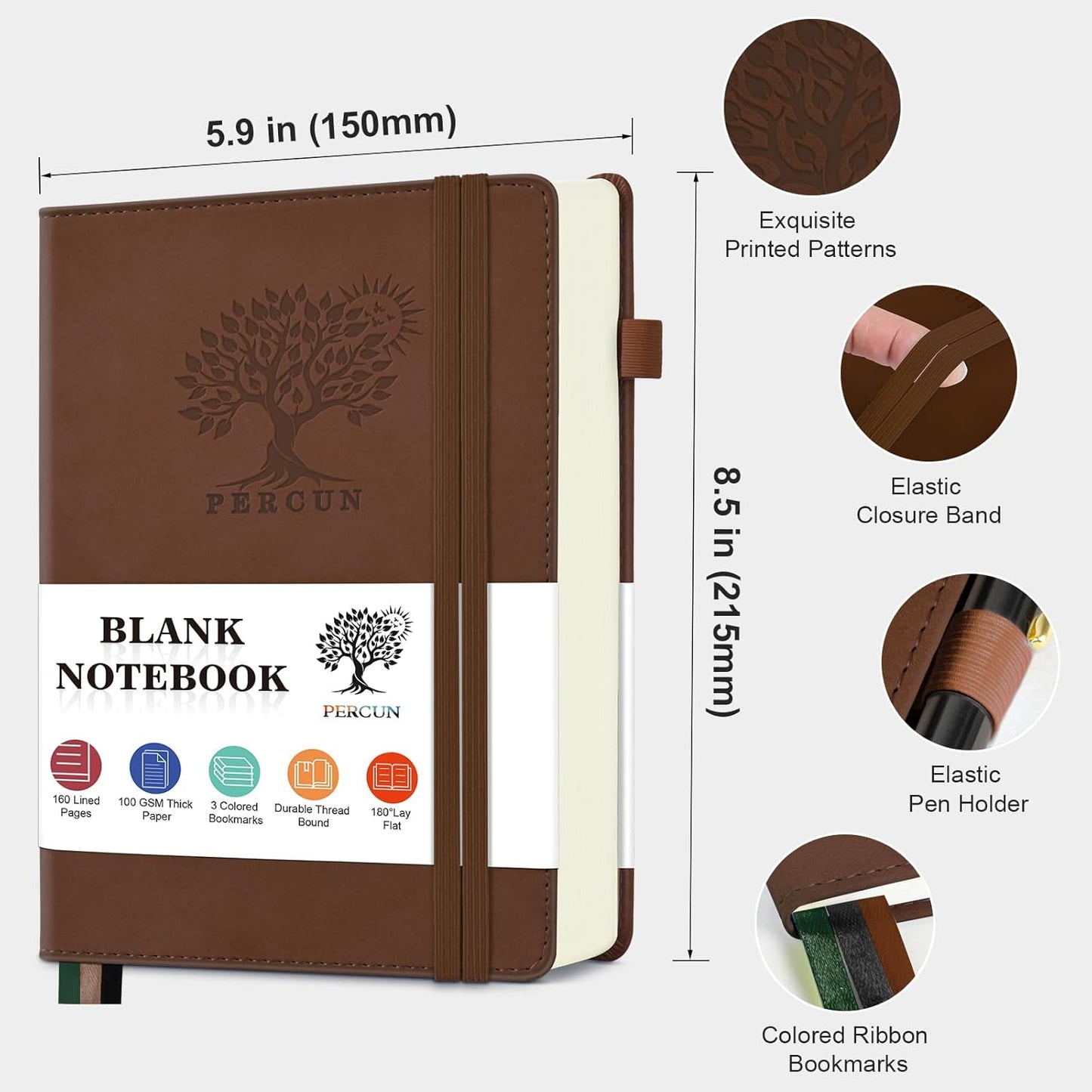 Blank Journal Ntebook for Men & Women, 160 Pages Blank Journals for Writing, Drawing,Sketch Book,5.9" x 8.5" Leather Sketchbook, Unlined Notebook for Work, School, Art - Brown