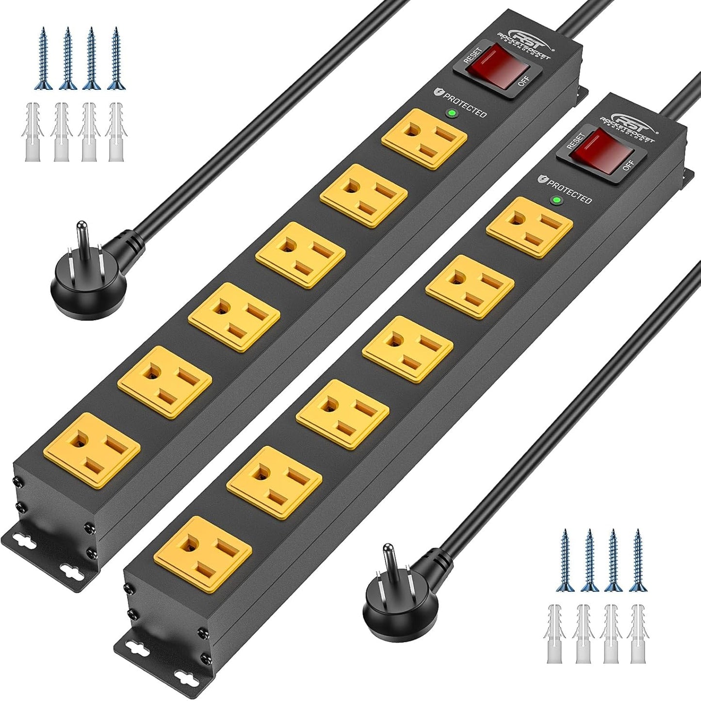 CRST 2Pack 6 Outlet Surge Protector Power Strip 2100J with Switch, 15A/1875W Heavy Duty Mountable Power Strip, Wide Spaced Power Bar for Garage Worshop Home School, 6 FT Cord（ Black+Yellow）