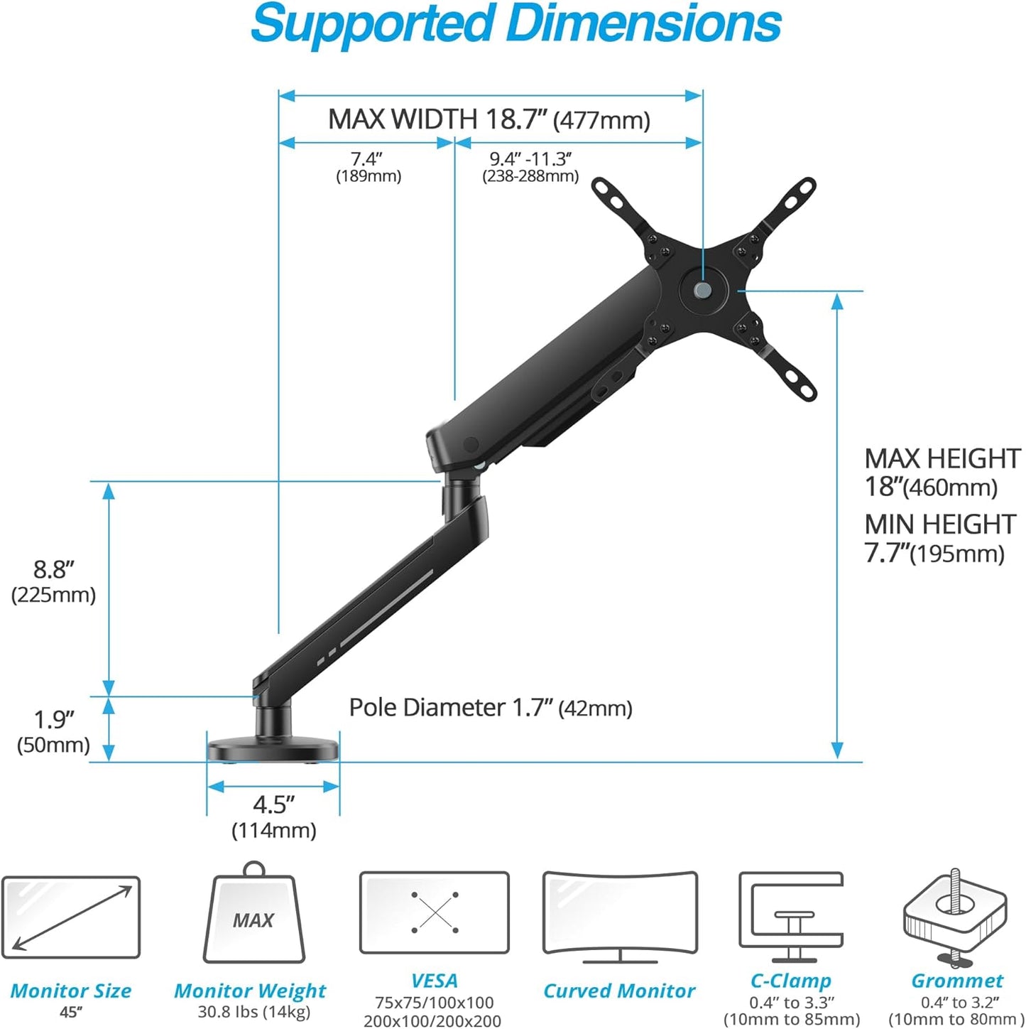 AVLT Single 27”-45” RGB Gaming Monitor Arm Desk Mount Built-in 20 Lighting Modes Touch Button Control Fits Flat/Curved/Ultrawide Screen Height Swivel Tilt Rotation Adjustable Stand -Black