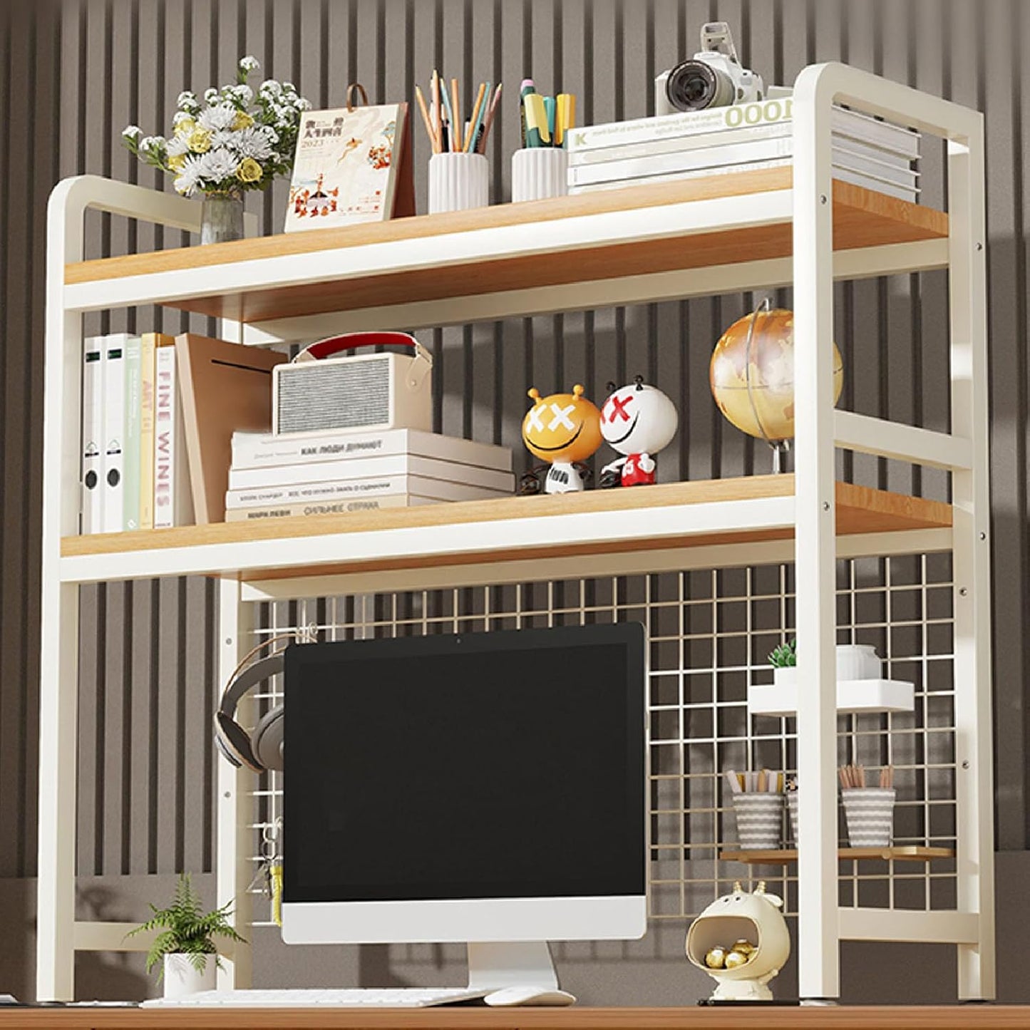 2-Tier Desktop Hutch Bookshelf Metal Desk Shelf Dorm Bookcase for Computer Desk Countertop Storage Organizer Display Rack for Office Home (White, 53.1in)