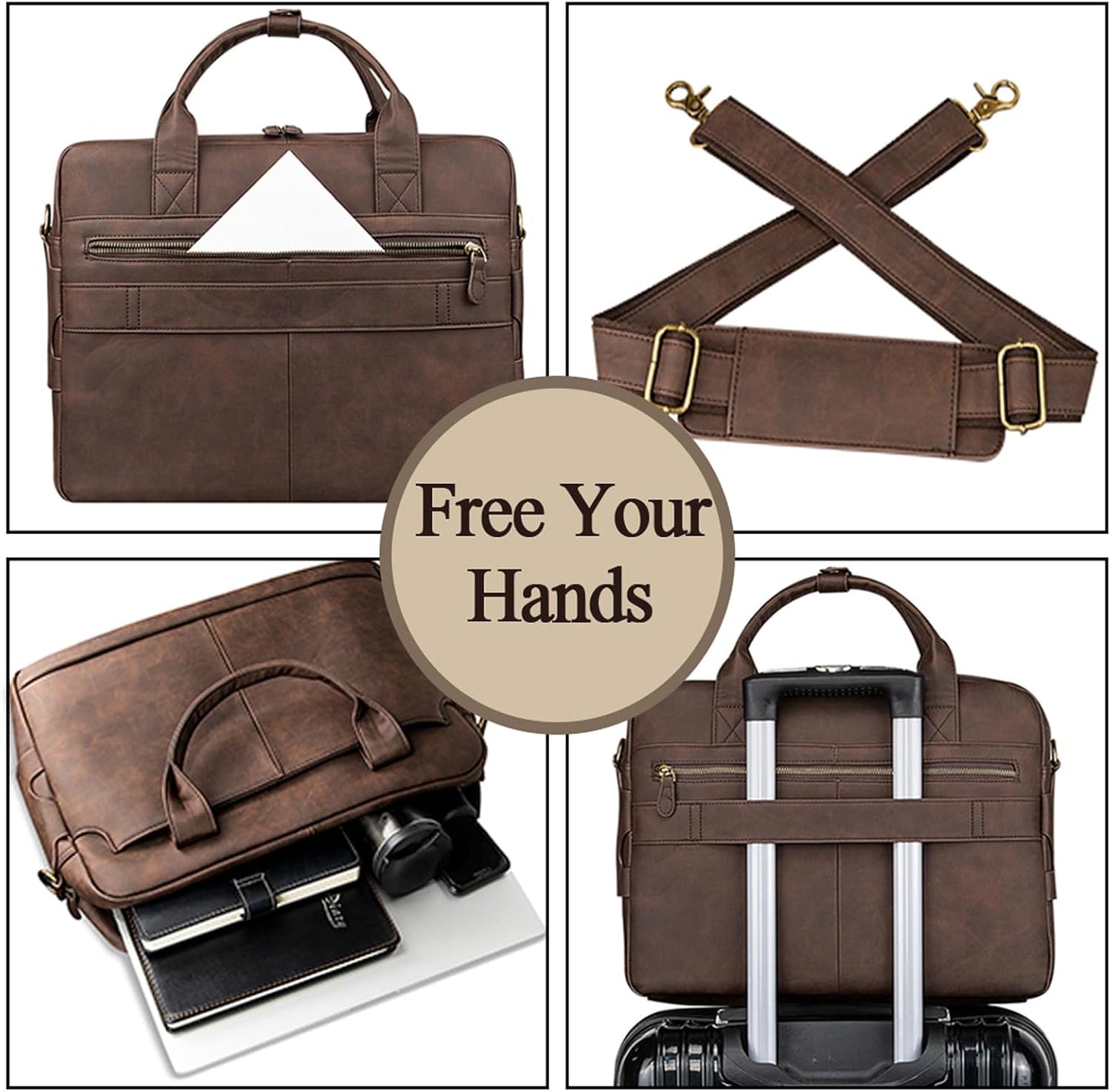 Leather Briefcases for Men 15.6 Inch Laptop Briefcase Business Messenger Bag Retro Waterproof Computer Bag Perfect Birthday Gifts For Husband, Brown