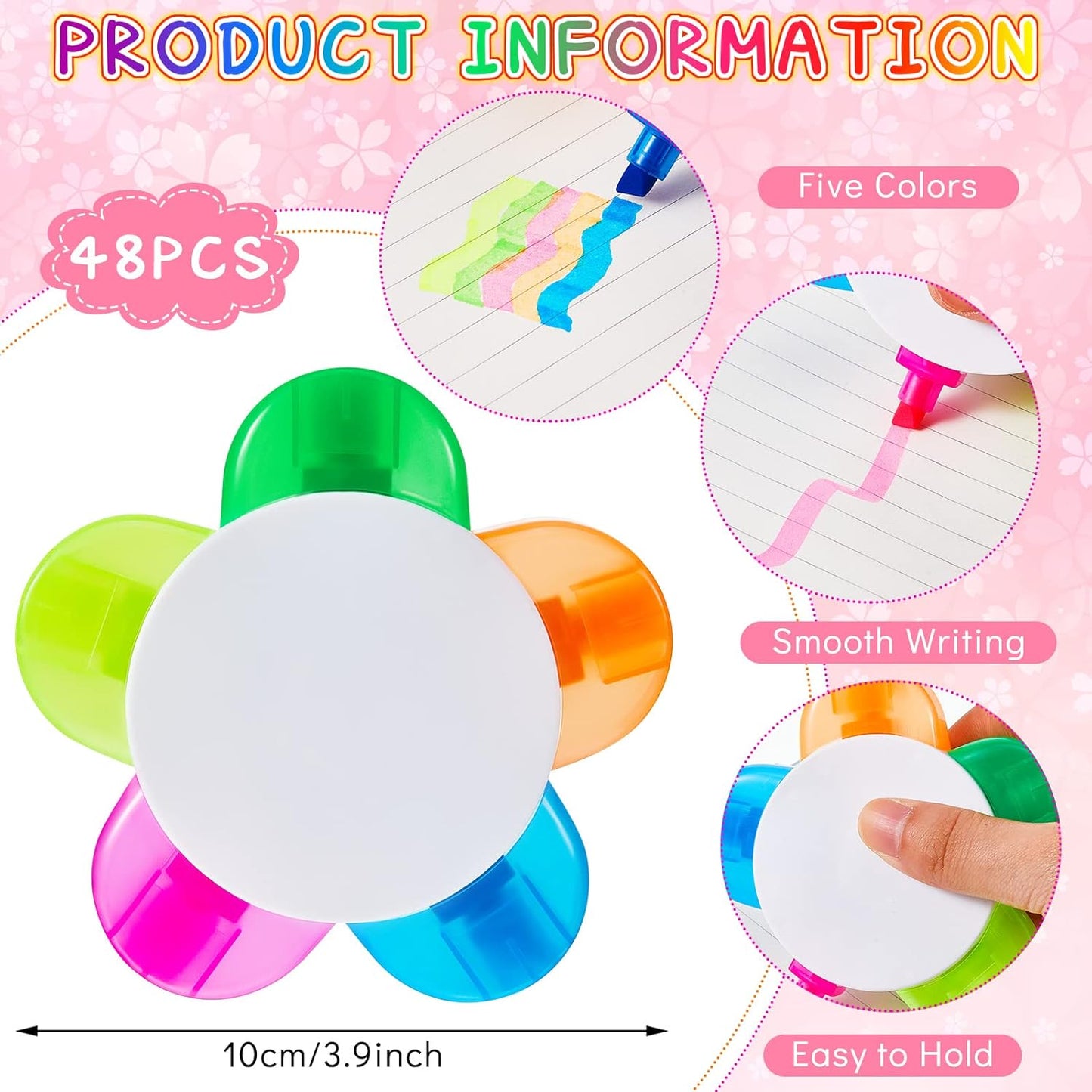 Outus 48 Pieces Petals Highlighters Assorted Colors Back to School Flower Shape Watercolor Highlighter Pens 5-in-1 Fluorescent Pens for Office School Stationery Aesthetic Supplies,5 Colors