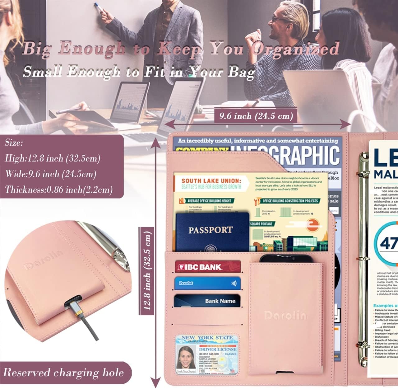 Darolin Business/Resume Portfolio Folder Binder, Padfolio with 3 Ring Binder, Interview/Conference/Legal Document Organizer, Leather Portfolio Padfolio for Women/Men-RG