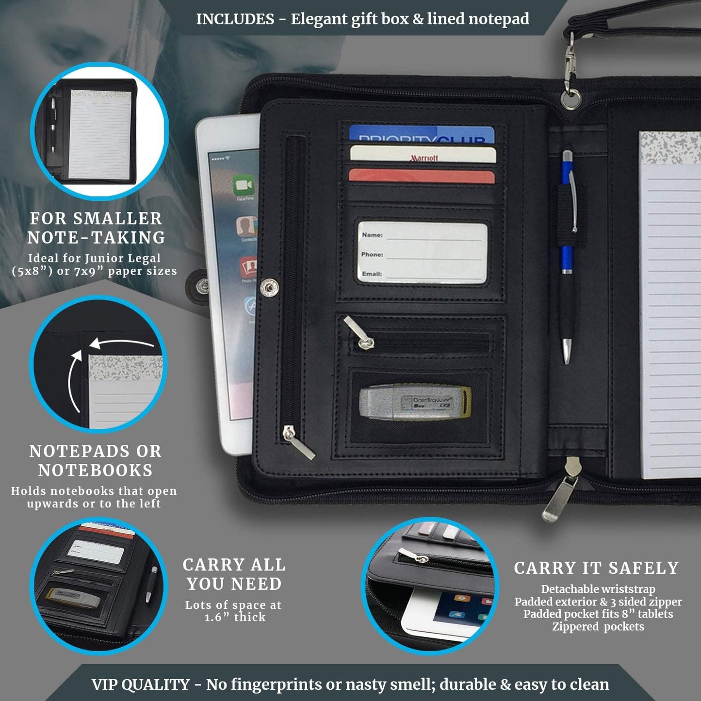 Zippered Portfolio Binder with Junior Legal 5x8 Notepad - Matt Black PU Faux Leather Business Padfolio Organizer Folder with 8 Inch Tablet Sleeve & Gift Box by Lautus Designs