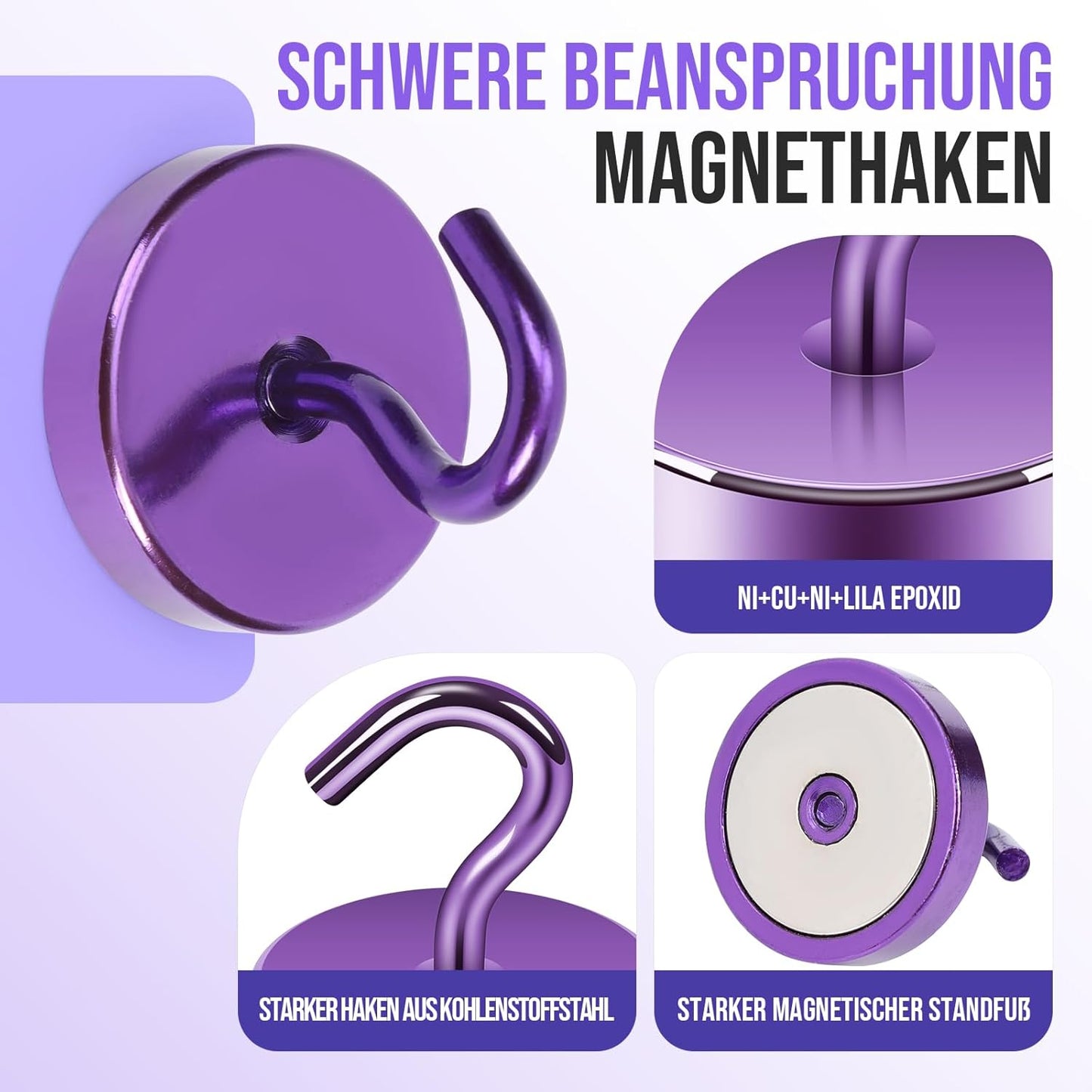 Neosmuk Magnetic Hooks, Heavy Duty 170lb Strong Magnets for Cruise Cabins, Ship Essentials, Large Metal Hooks for Hanging on Fridge(Purple,Pack of 4)