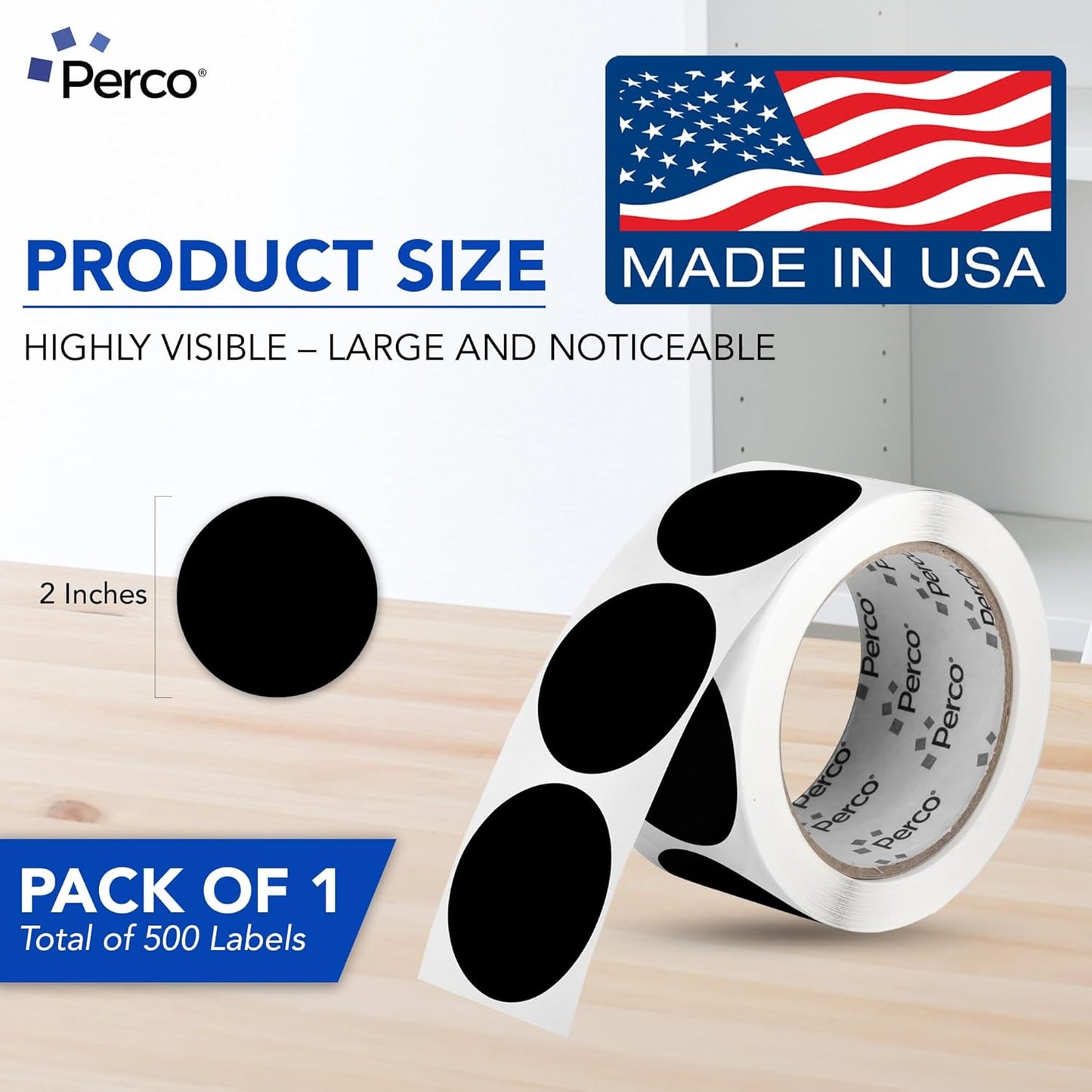 Perco Black 2-Inch Round Circle Dot Sticker Labels with Easy Peel Perforation - 500 Labels per Roll - Strong Adhesion, Vibrant Colors for Organizing, Crafting & More - Made in USA