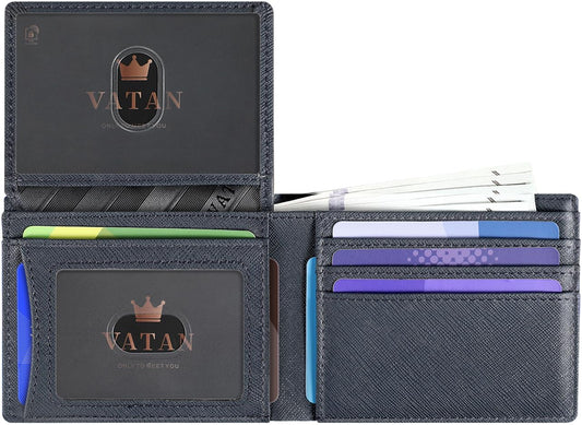 VATAN Wallet for Men, Mens Minimalist Wallet Credit Card Holder, Slim Leather Rfid 2 ID Window Large Capacity With Gift Box (Cross Grain Deep Blue)