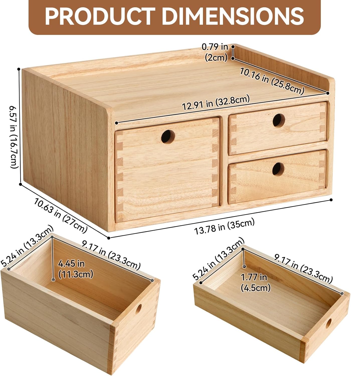 KIRIGEN Desk Organizer with 3 Drawers - Wood Drawer Storage Box with Trays for Tabletop - Workspace Office Toiletries Supplies Tool Caddy - Wooden Storage Cabinet Natural（DT1D3C-NA）