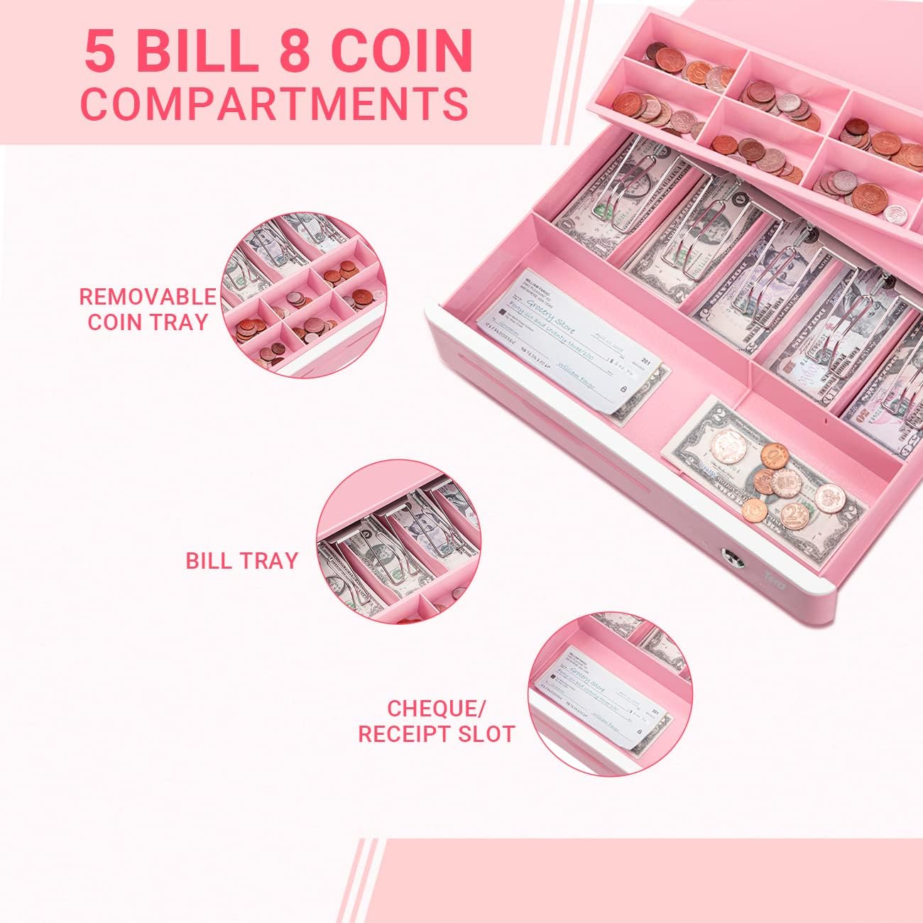 Tera 16" Auto Open Cash Register Drawer with Universal Under Counter Mounting Metal Brackets (Round Corner) Heavy Duty Insert Tray 5 Bill 8 Coin Removable Cash Tray for POS Small Businesses Store 405R