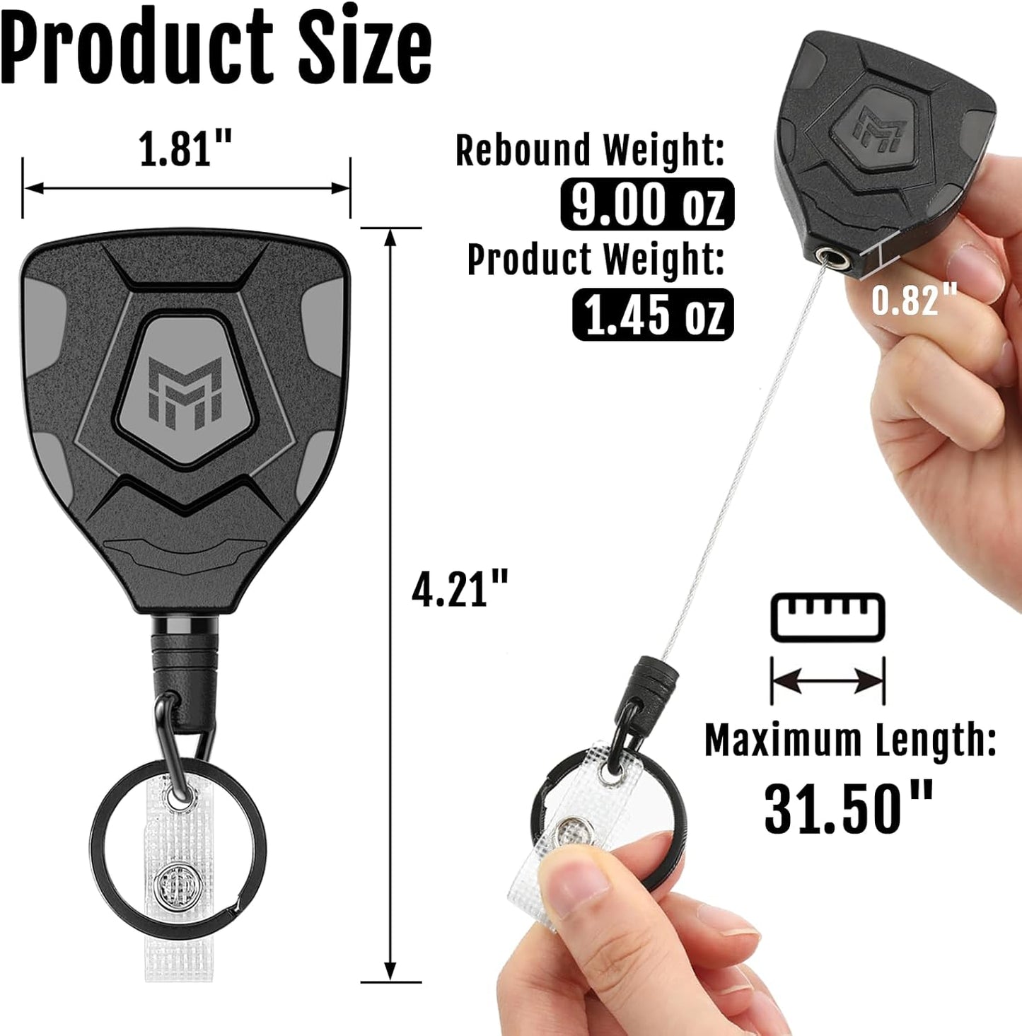 MNGARISTA Heavy Duty Retractable Keychain with Belt Clip, ID Badge Reel Key Chain, Badge Holder with 31.5' Steel Cord and Key Ring, 9.0oz, Black