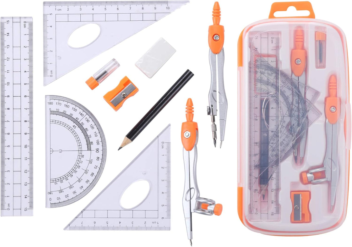Math Geometry Kit Sets 10 Piece Student Supplies with Shatterproof Storage Box,Includes Rulers,Protractor,Compass,Eraser,Pencil Sharpener,Lead Refills,Pencil,for Drafting and Drawings（Orange）