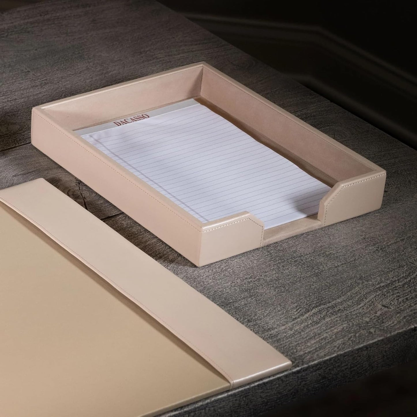 DACASSO Bonded Leather Desktop Letter Tray - Luxury Letter Holder & Paper Organizer for Desk - Office Organization & Executive Desk Decor - (White Latte)