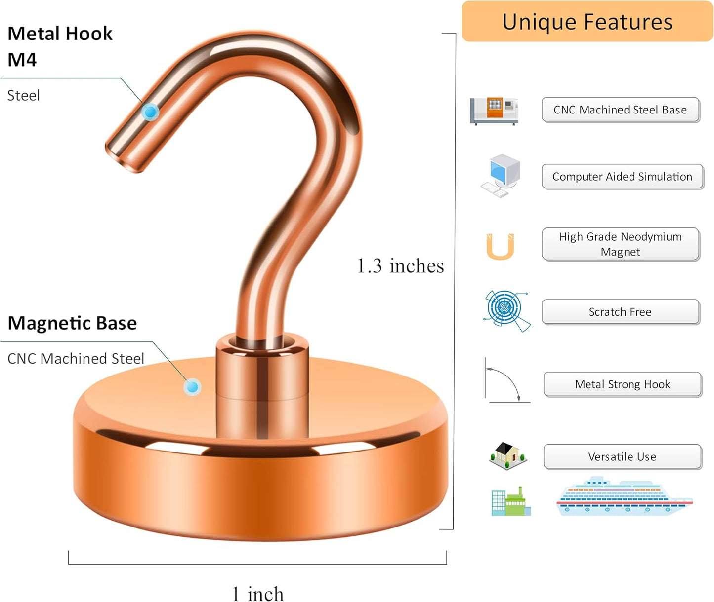 Neosmuk Magnetic Hooks Heavy Duty,Strong Magnet with Hook for Fridge, Super Neodymium Extra Strength Industrial Hooks for Hanging, Magnetic Hanger for Toolbox, Cruise, Grill(Bronze,4 Pack)