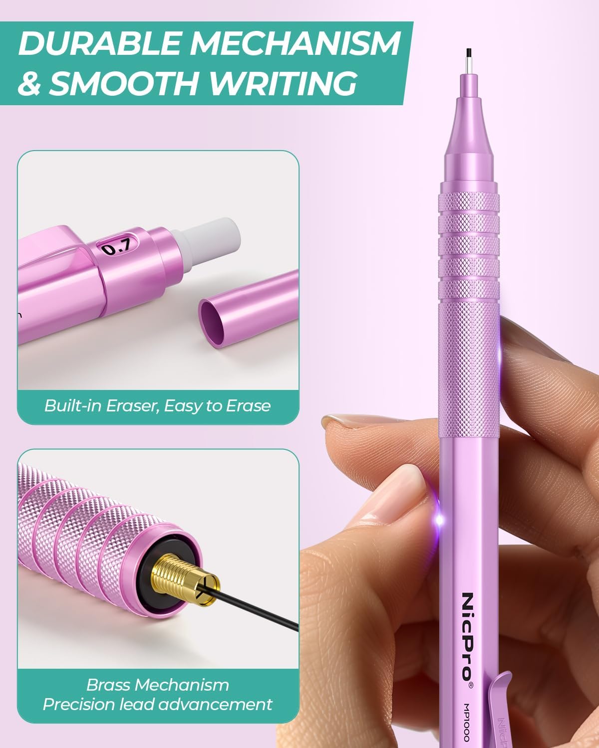 Nicpro 0.7 mm Metal Mechanical Pencil Set, 3PCS MP1000 Artist Lead Pencils With 480PCS HB 2B Lead Refills, Erasers, Pastel Aesthetic Mechanical Pencils for School Supplies Writing Drawing Sketching