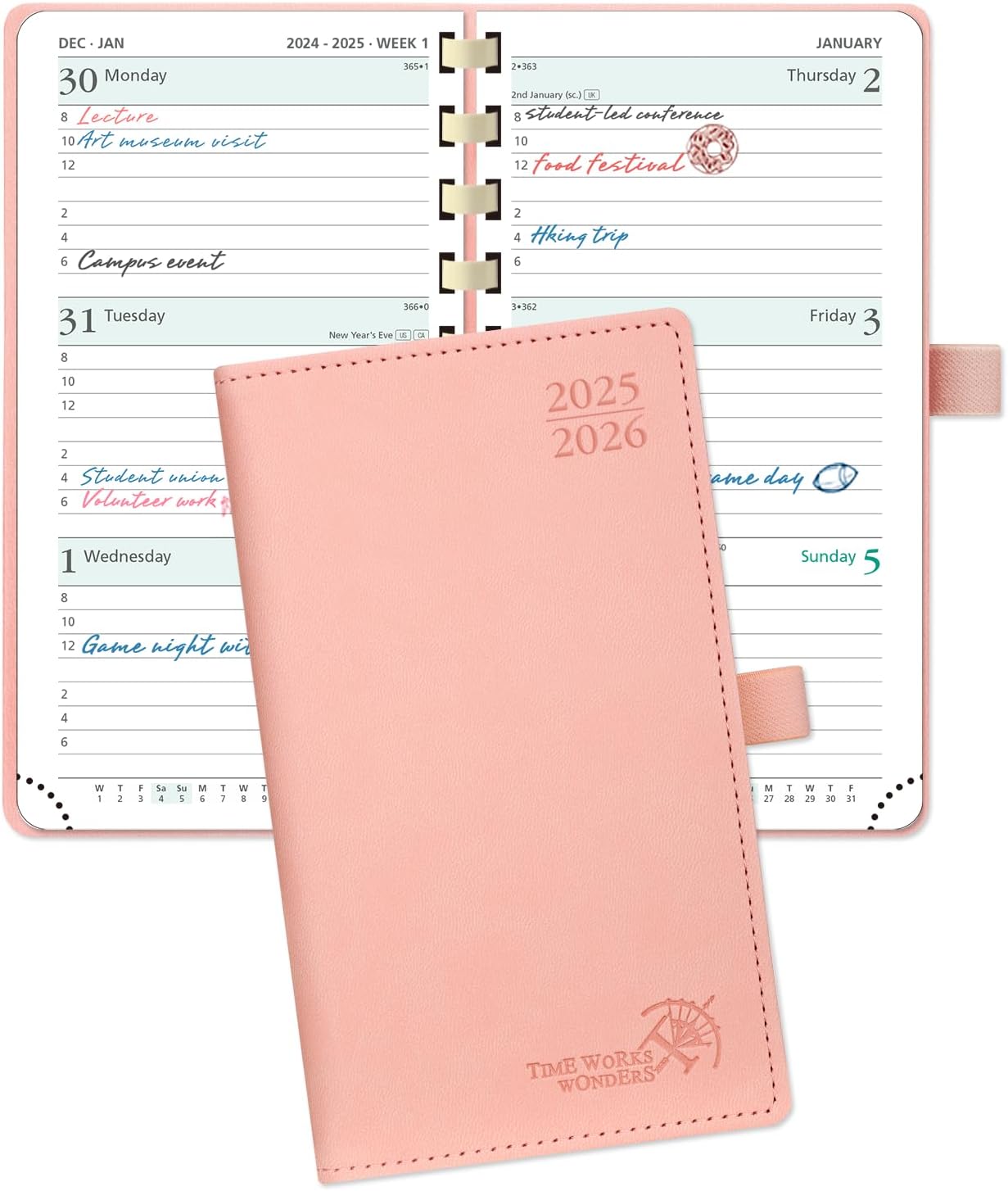 POPRUN Pocket Planner 2025-2026 (Slim Size 3.5'' x 6.5'') Academic Purse Calendar (July 2025 - June 2026) with Hourly Time Slots, 100GSM Thick Paper, Spiral Soft Cover - Pink