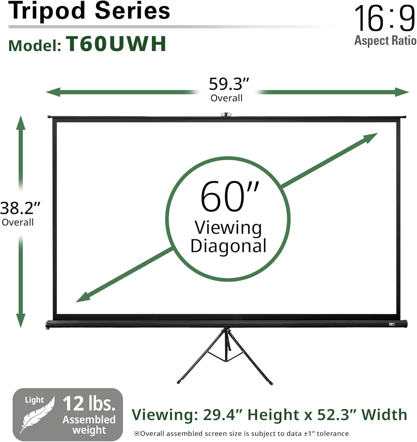 Elite Screens Tripod, 60-Inch 16:9 Portable Projector Screen with Stand– MaxWhite 2, 1.1 Gain, Adjustable Indoor Outdoor Pull Up Projection Screen for Home Theater, Office & Classroom, T60UWH, Black