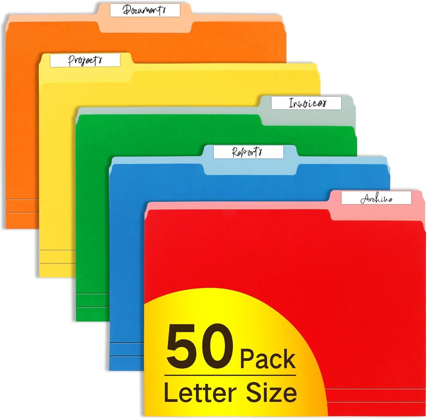 Letter Size File Folders – 1/3-Cut Tab, Durable Colored File Folders for Home, Office, and School Organization, 50-Pack
