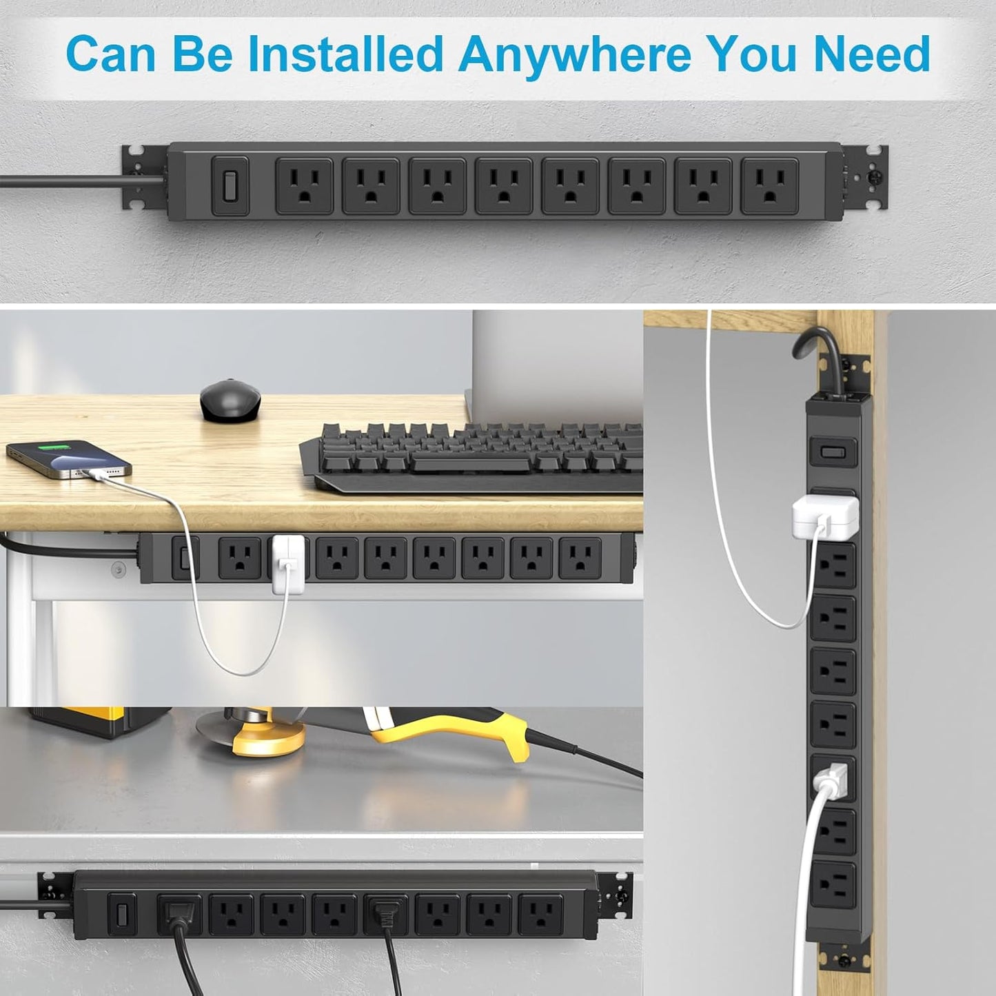 HHSOET Metal 360° Rotating Mountable Power Strip, 8 Outlet Gaming Table Mounted Outlet Strip, Heavy Duty Wall Mount Surge Protector with Switch, 15A 125V 1875W, 6ft Power Cord.(Black)