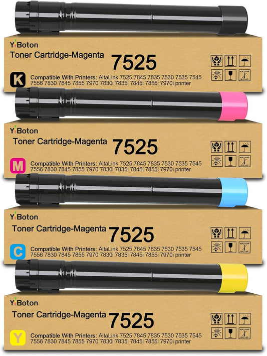 High Yield 7525 Toner Cartridge Compatible for Xerox Workcentre 7830 7835 7845 7855 7970 7525 7530 7535 7545 7556 7830i 7835i 7845i 7855i 7970i Printers (4-Pack Black Cyan Yellow Magenta