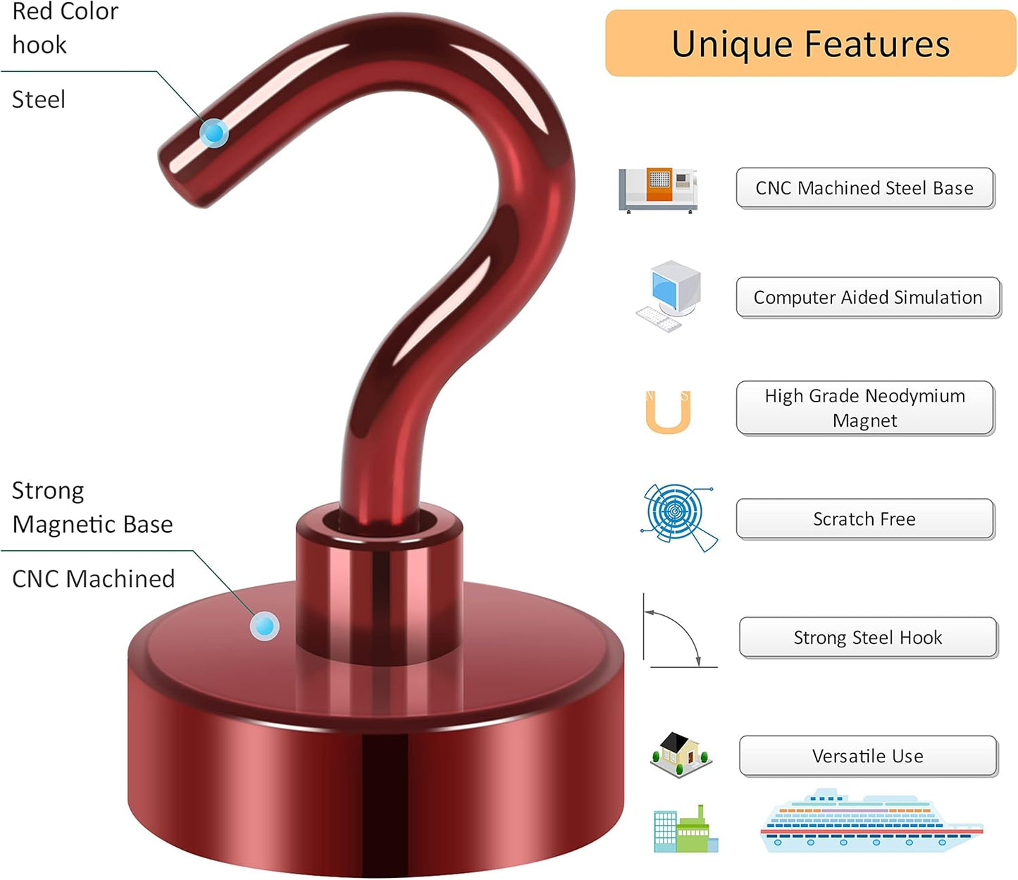 Neosmuk Magnetic Hooks,Heavy Duty Earth Magnets with Hook for Refrigerator, Extra Strong Cruise Hook for Hanging, Magnetic Hanger for Cabins, Grill (Red, Pack of 4)