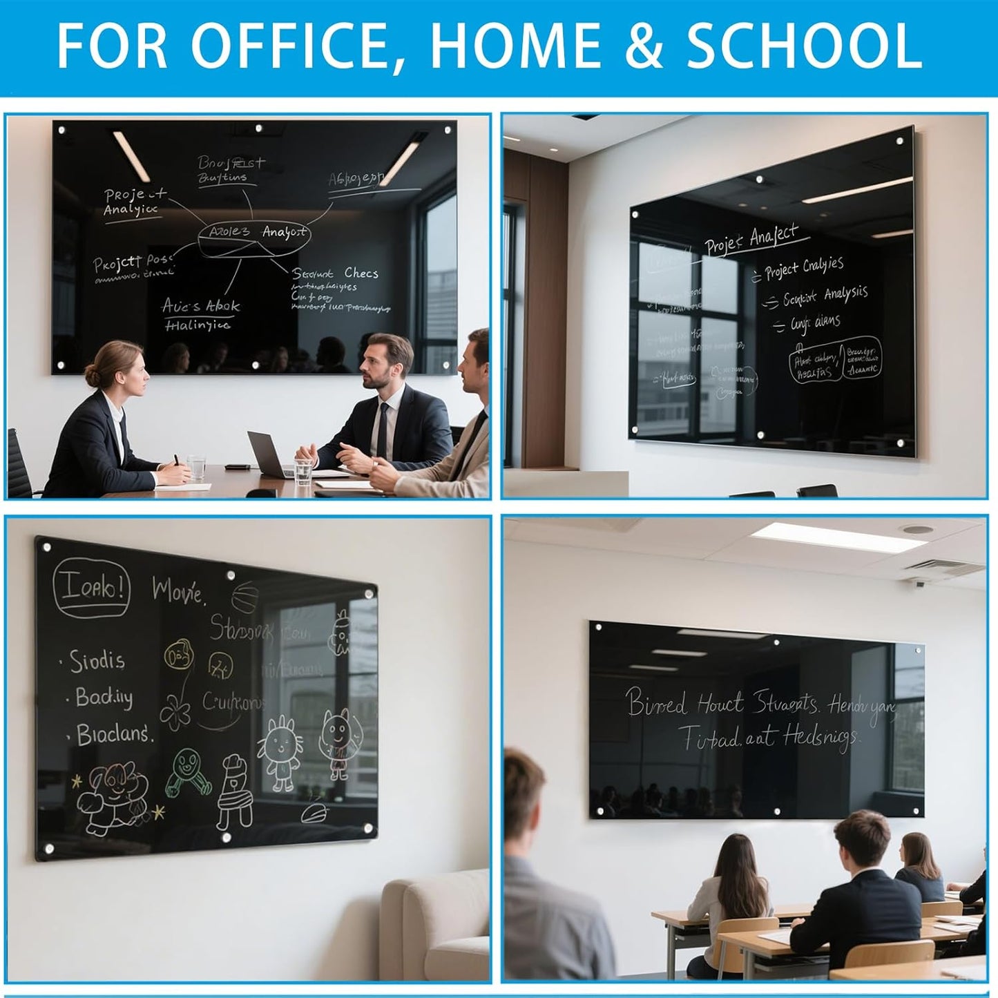 Black Glass Dry Erase Board - 72"X48" Magnetic Blackboard Large Frameless Whiteboard Clear Glass Wlack Boards with Super Strong Magnets, Wall Mounted for Office, School and Home