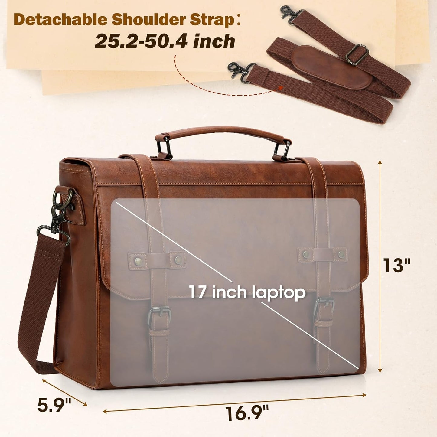 RAINSMORE Mens Messenger Bag 17 Inch Waterproof Vintage Leather Laptop Briefcase Large Laptop Bag Satchel Bag Computer Shoulder Bag for Office Business Travel College,Brown