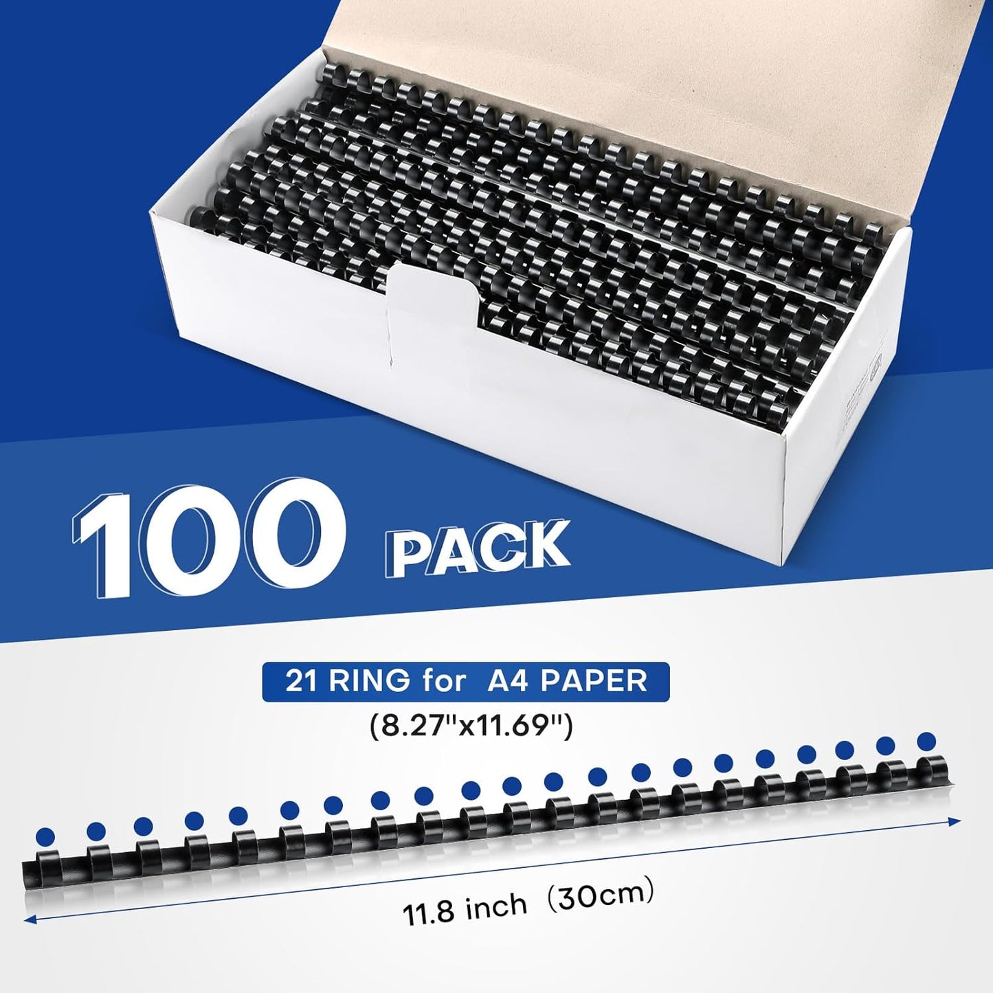 MYFULLY 100 Pack 21 Ring Plastic Comb Binding Spines | 3/8 Inch Diameter, 55 Sheet Capacity, A4, Black Binding Comb (3/8" (55 Sheet Capacity))