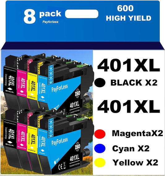 PFL LC401XL Ink Cartridges for Brother Printer Compatible LC401 Ink Cartridges for MFC-J1010DW MFC-J1012DW MFC-J1170DW Printer 8 Pack (2 Black, 2 Cyan, 2 Magenta, 2 Yellow) Not Original Ink Cartridge