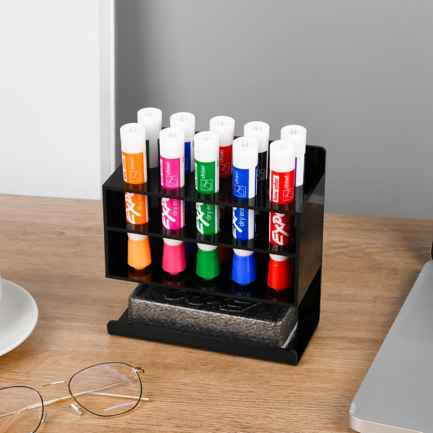 Dry Erase Marker Holder, Wall Mounted Acrylic Marker Holder with 10 Slots, Sticky Pen Storage for Classroom Organization, Whiteboard, Office, Black